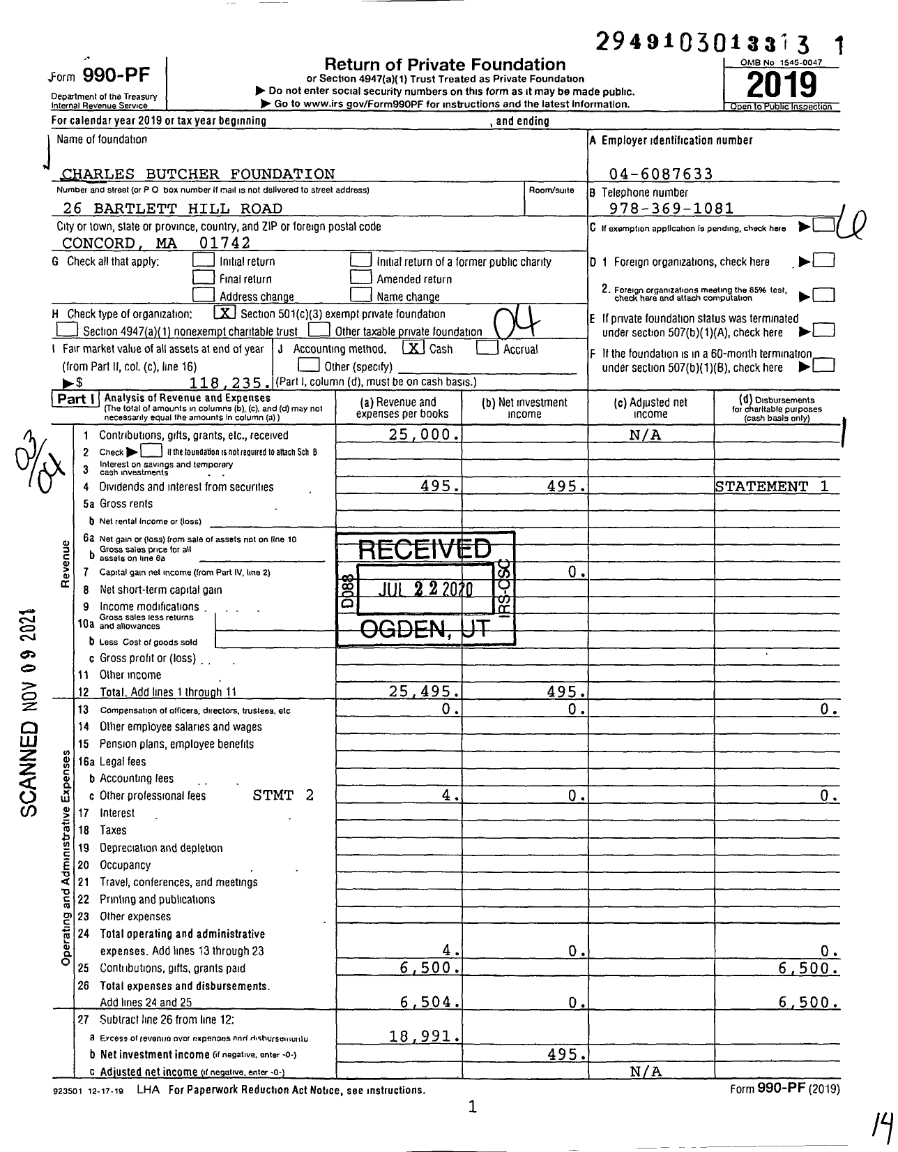 Image of first page of 2019 Form 990PF for Butcher Family Fund