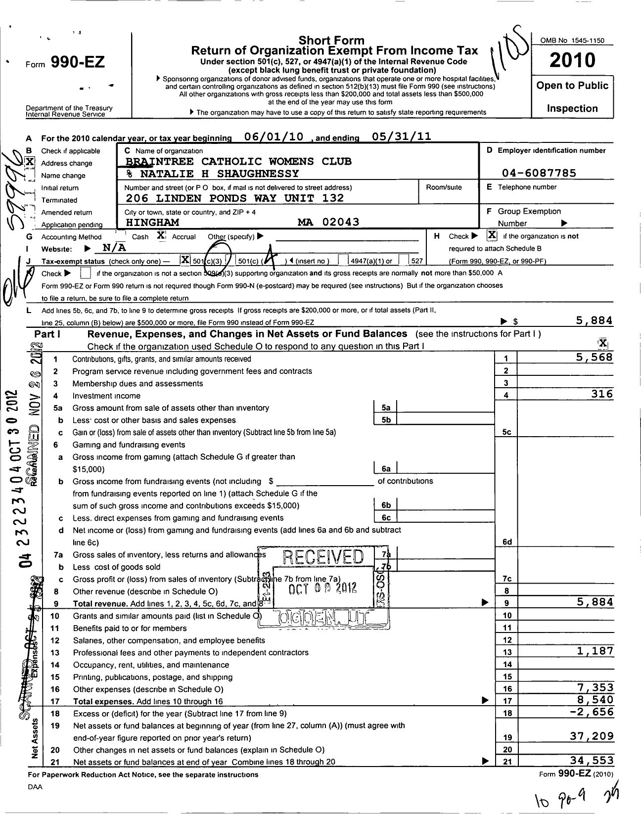 Image of first page of 2010 Form 990EO for Braintree Catholic Womens Club