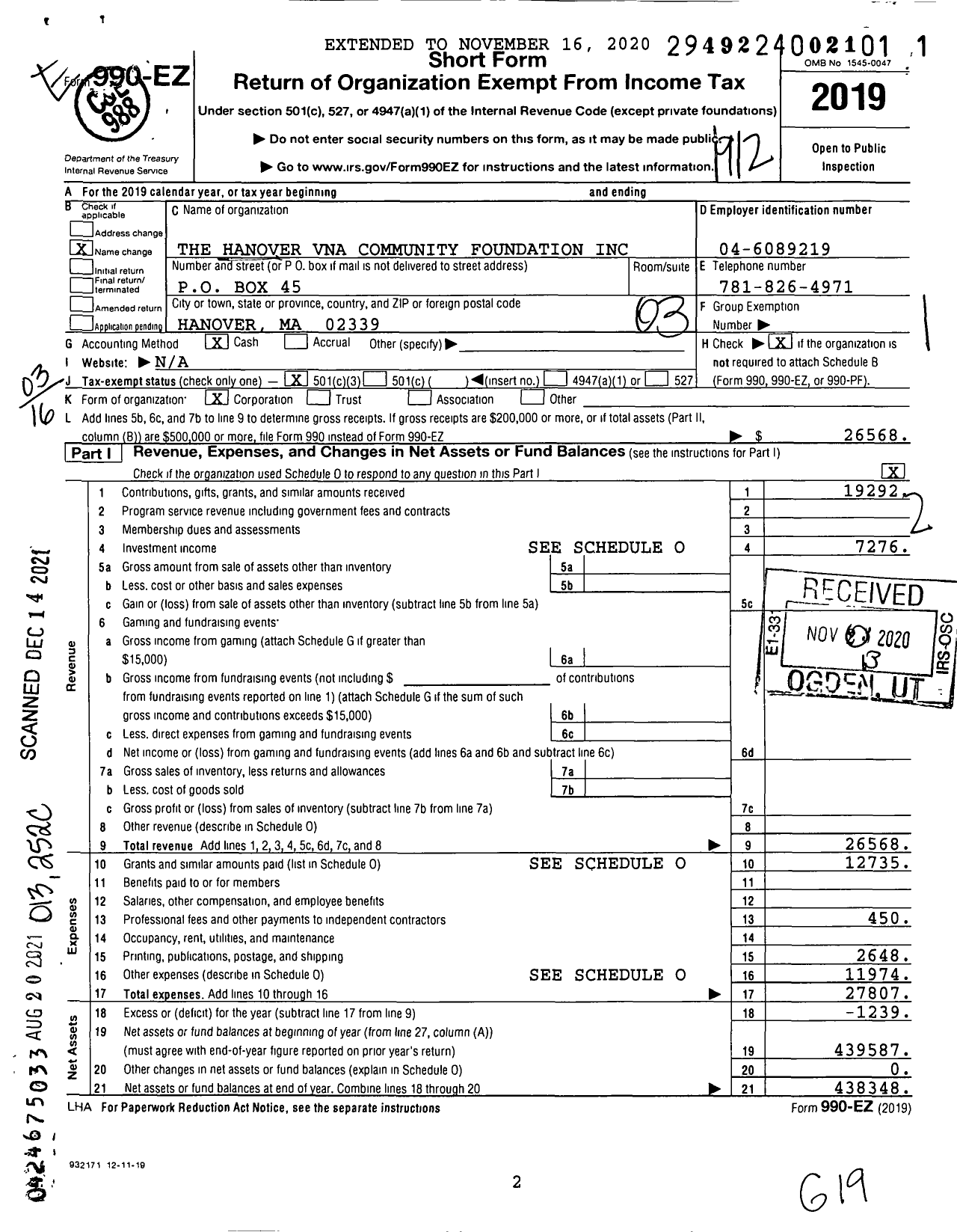 Image of first page of 2019 Form 990EZ for The Hanover Vna Community Foundatio