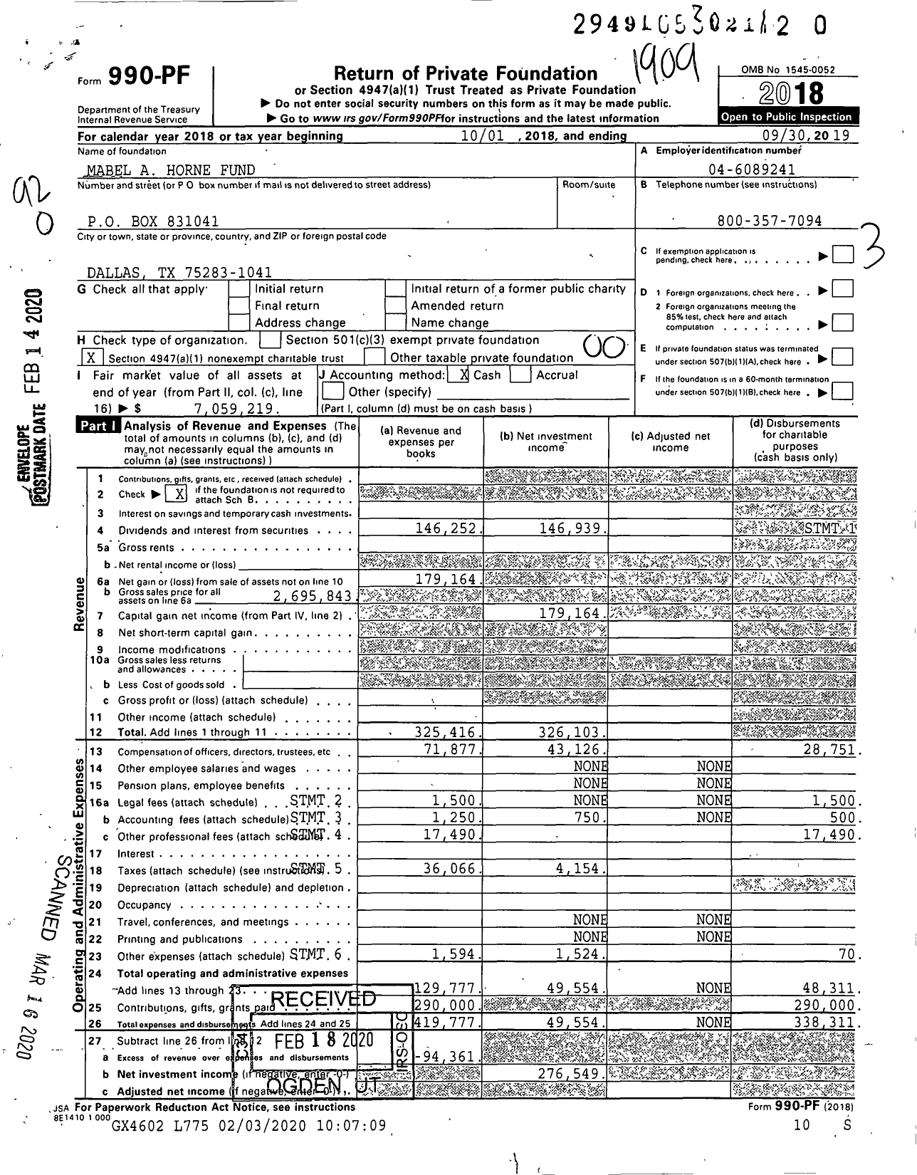 Image of first page of 2018 Form 990PR for Mabel A Horne Fund