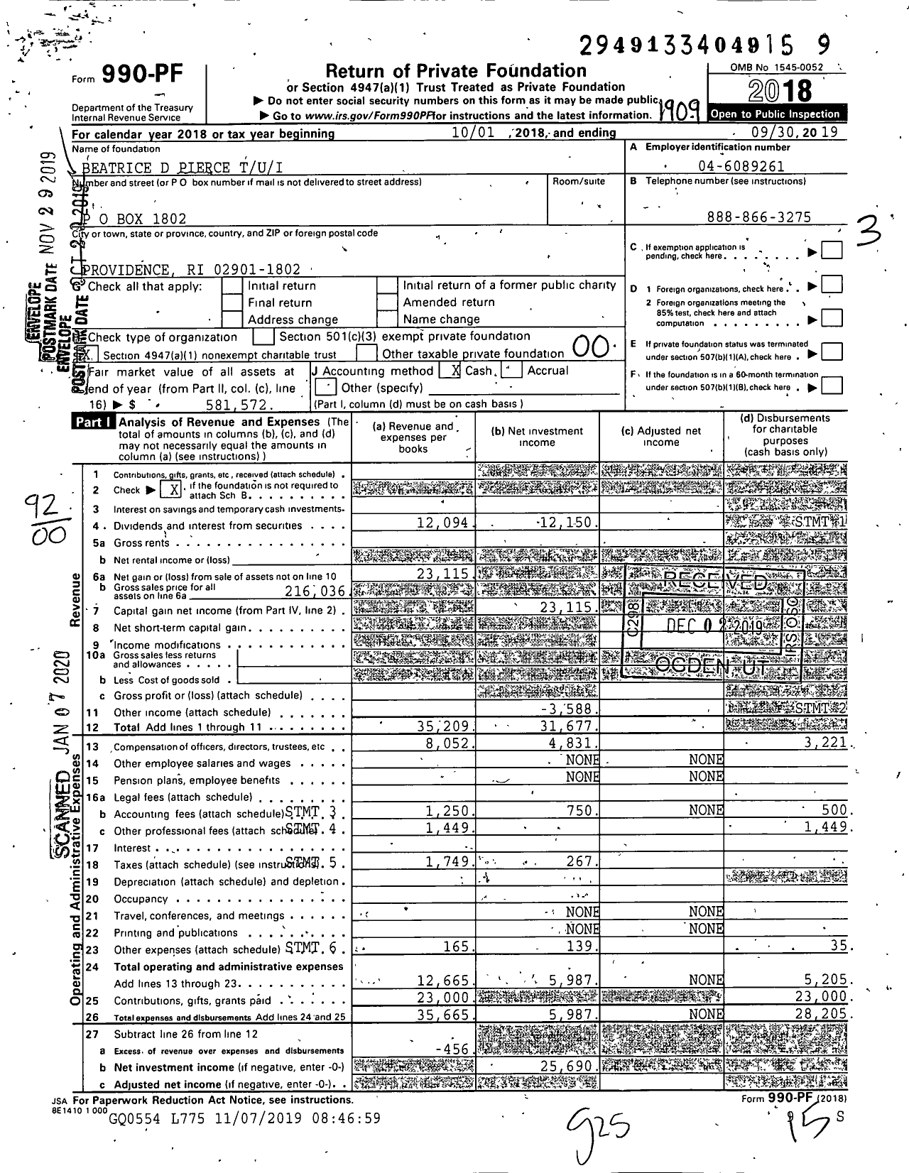 Image of first page of 2018 Form 990PF for Beatrice D Pierce Tui