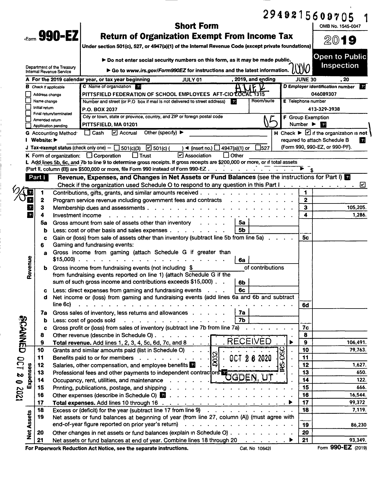 Image of first page of 2019 Form 990EO for American federation of Teachers - 1315 Local MFT Aft Afl Cio