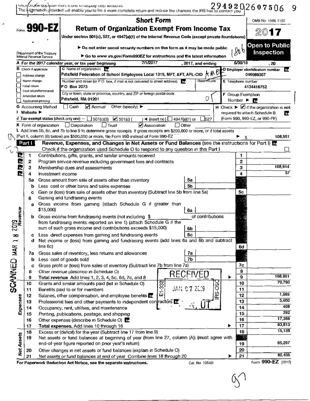 Image of first page of 2017 Form 990EO for American federation of Teachers - 1315 Local MFT Aft Afl Cio