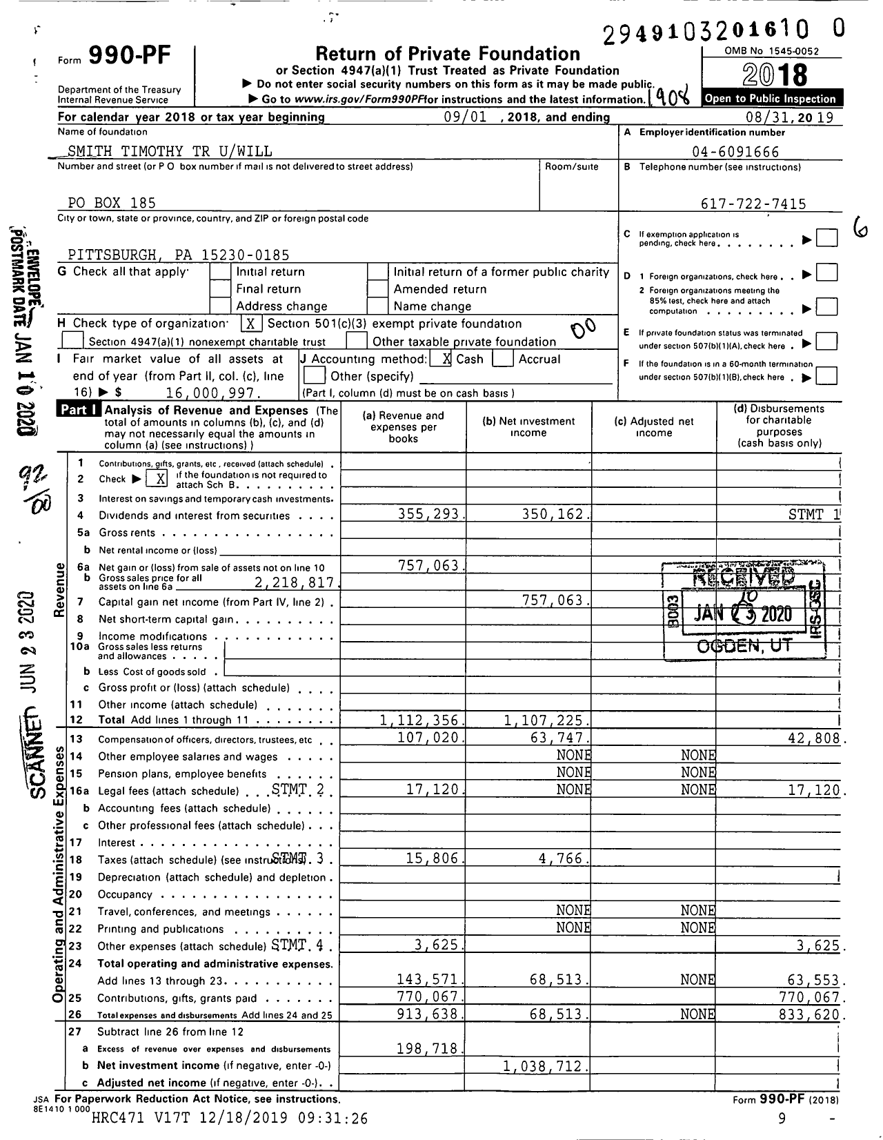 Image of first page of 2018 Form 990PR for Smith Timothy TR Uwill