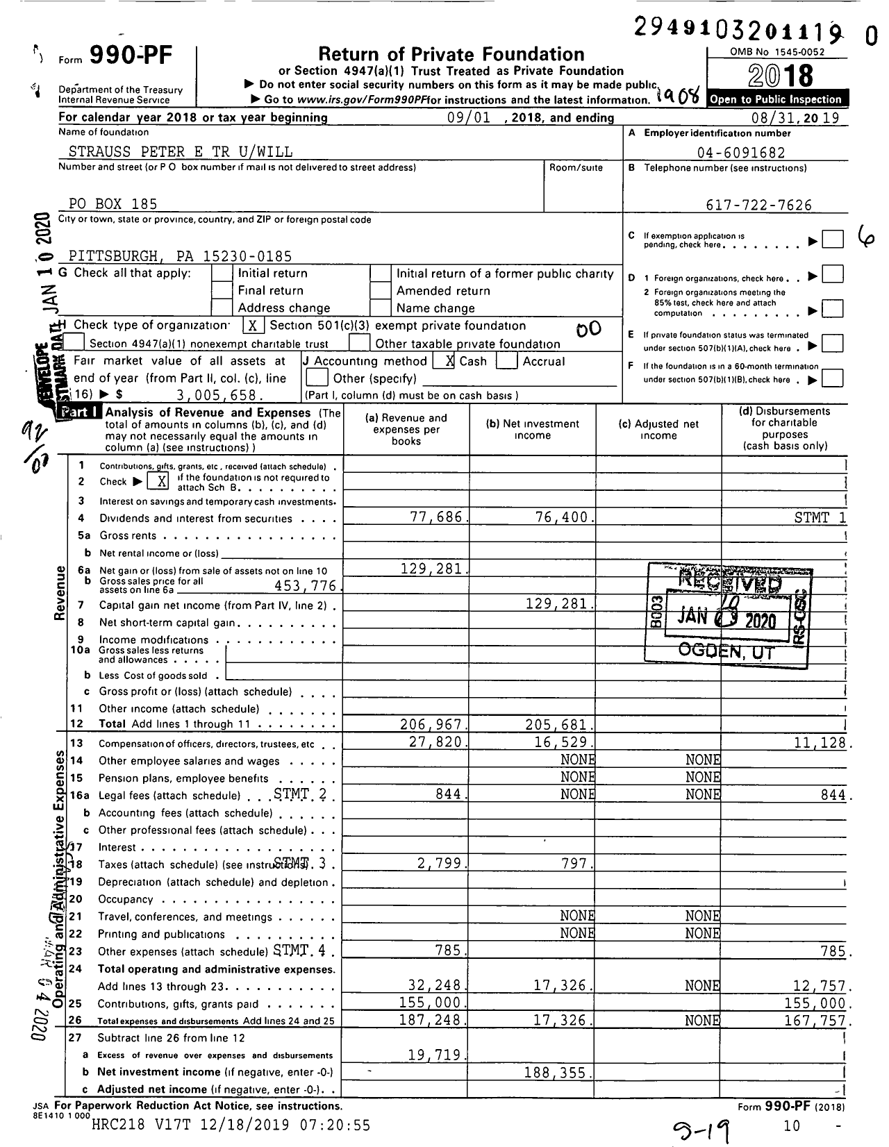 Image of first page of 2018 Form 990PR for Strauss Peter E TR Uwill