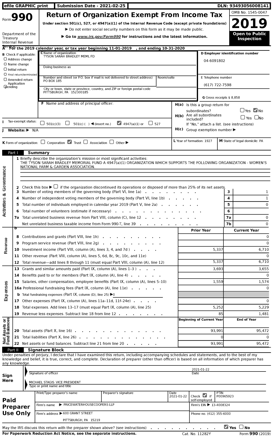 Image of first page of 2019 Form 990 for Tyson Sarah Bradley Meml Fund