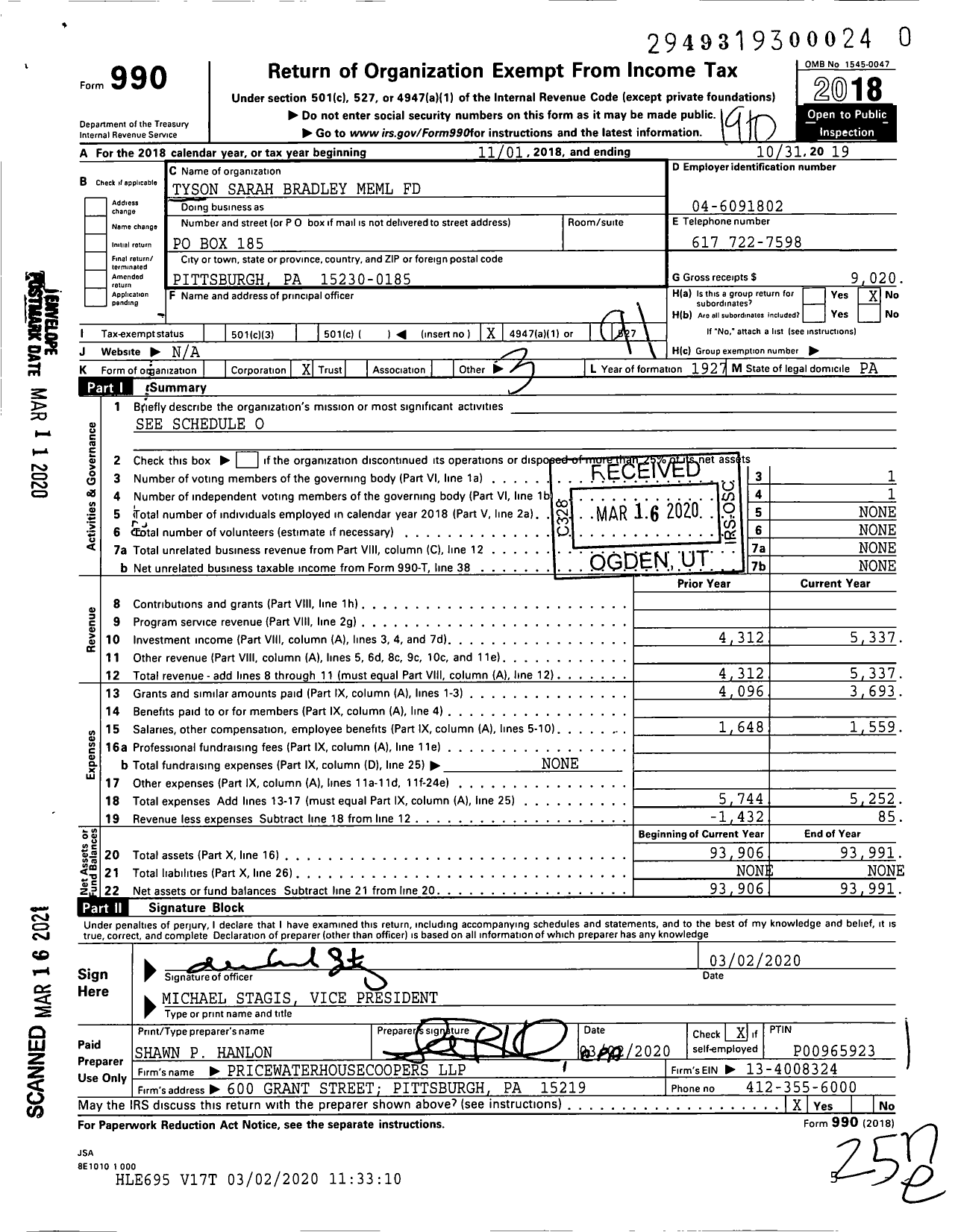 Image of first page of 2018 Form 990O for Tyson Sarah Bradley Meml Fund