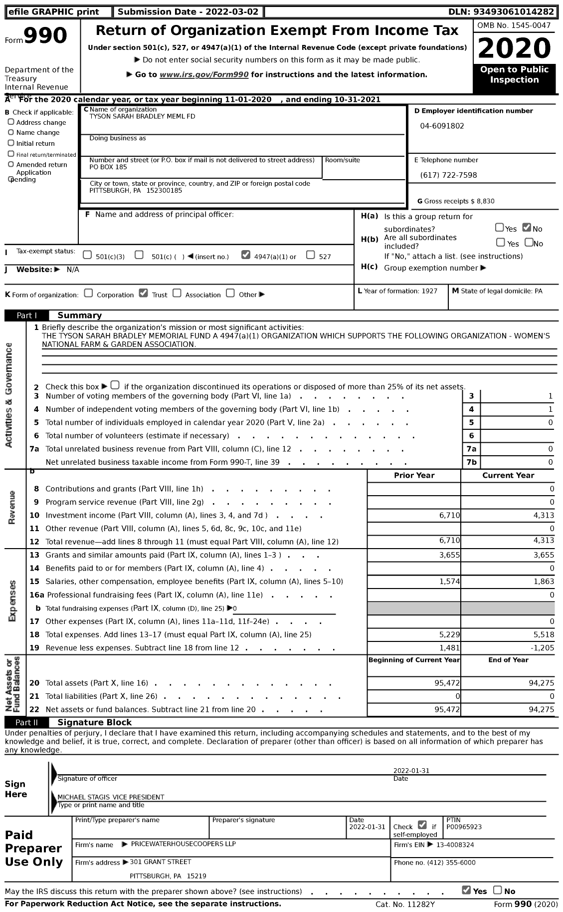 Image of first page of 2020 Form 990 for Tyson Sarah Bradley Meml Fund