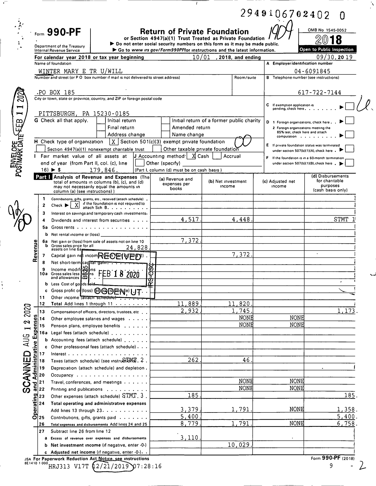 Image of first page of 2018 Form 990PR for Winter Mary E TR Uwill