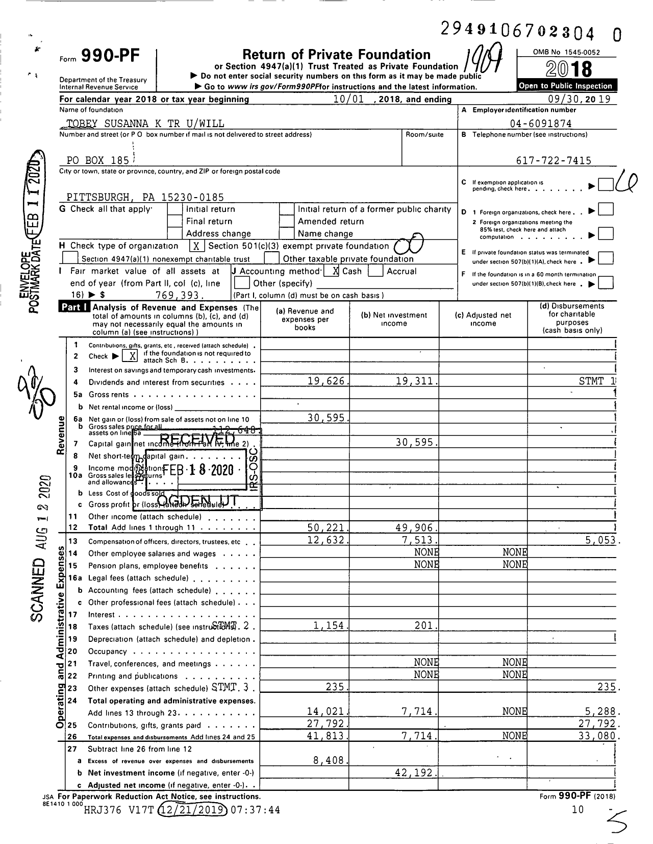 Image of first page of 2018 Form 990PR for Tobey Susanna K TR Uwill