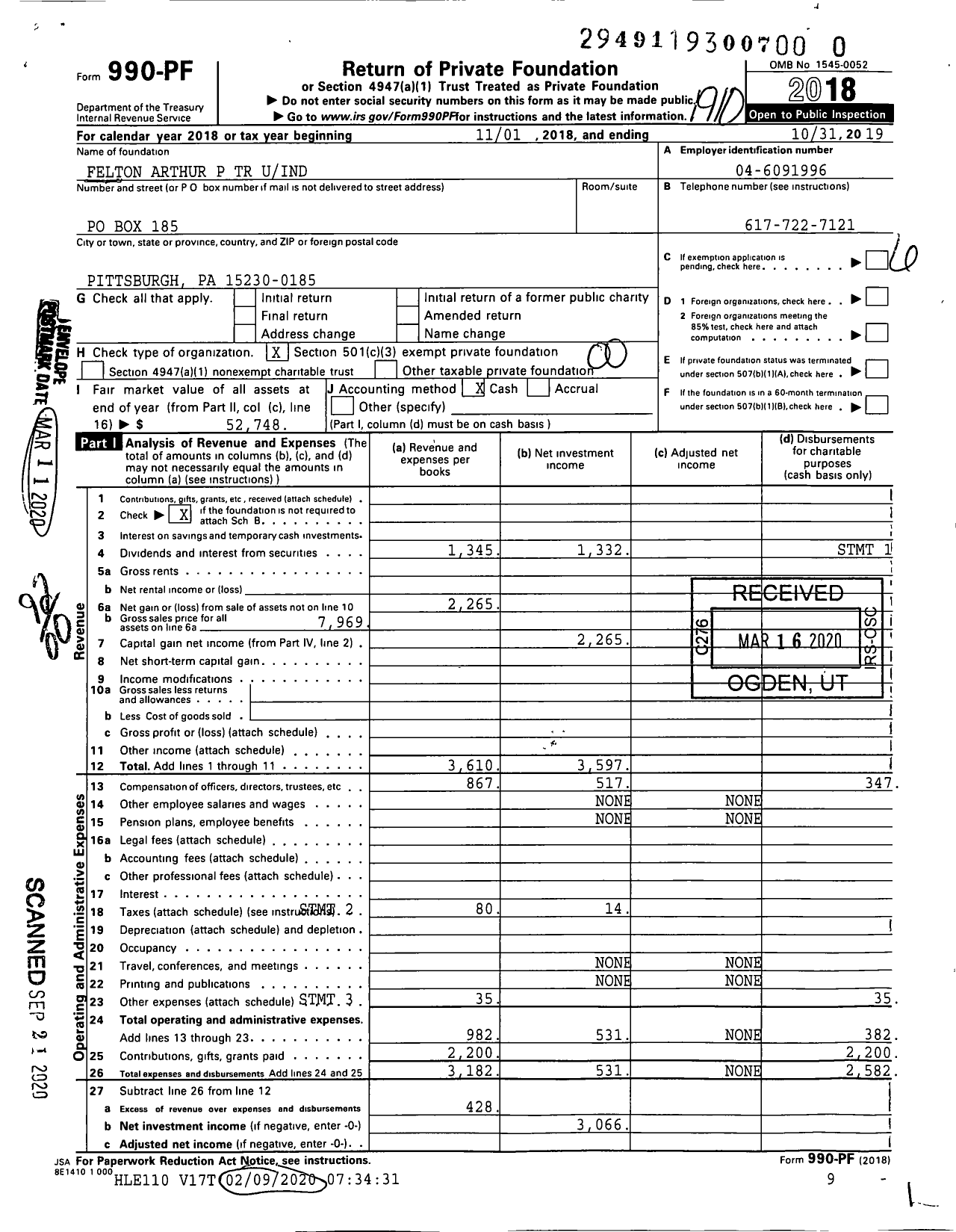 Image of first page of 2018 Form 990PR for Felton Arthur P TR Uind