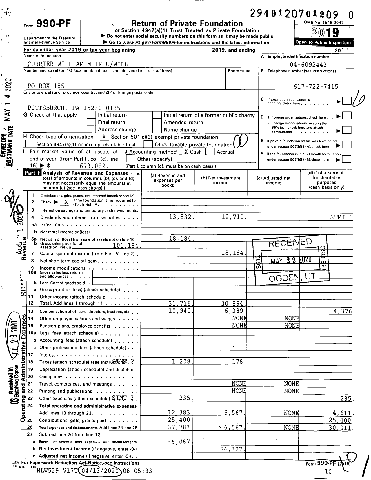 Image of first page of 2019 Form 990PR for Currier William M TR Uwill