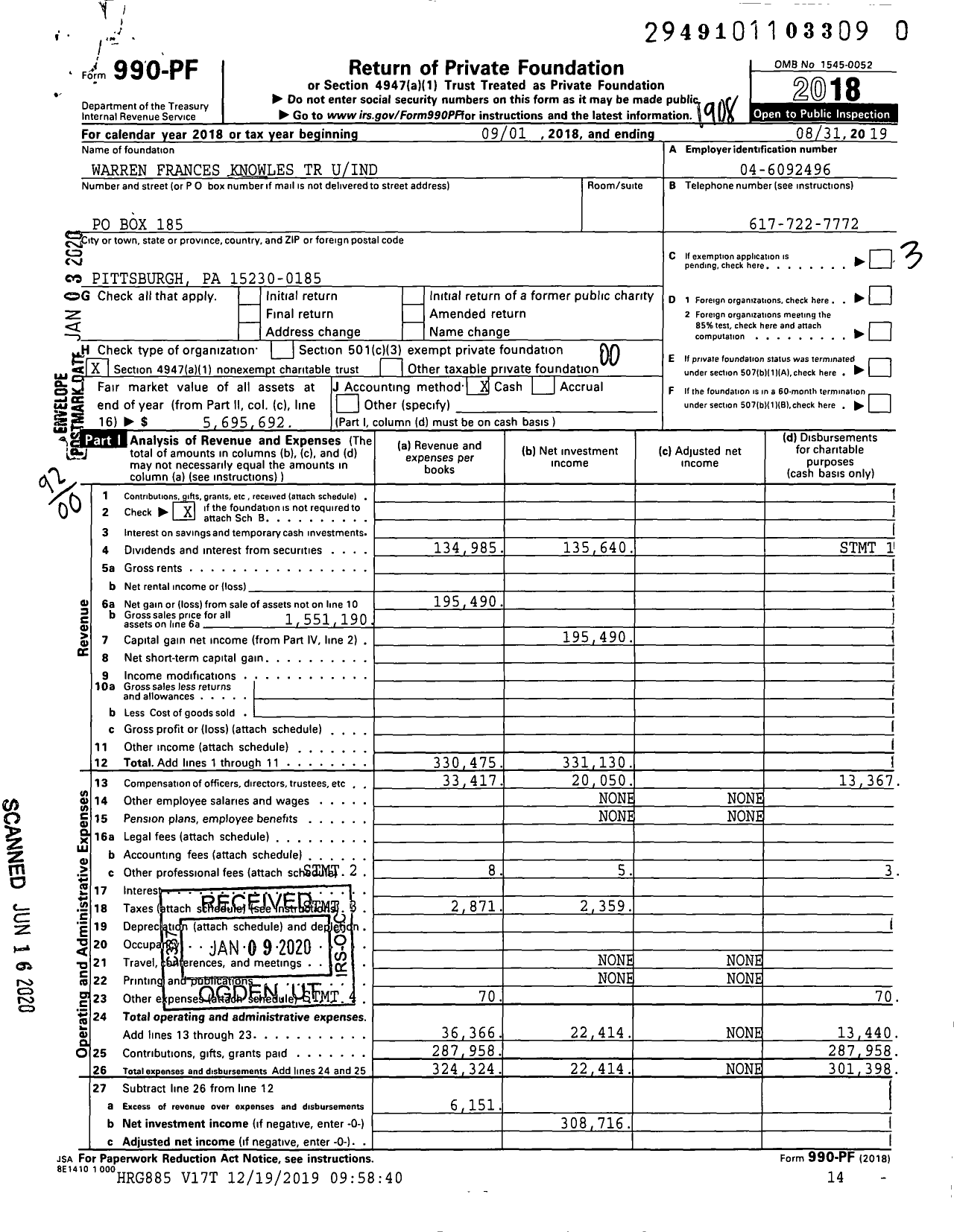 Image of first page of 2018 Form 990PR for Warren Frances Knowles TR Uind