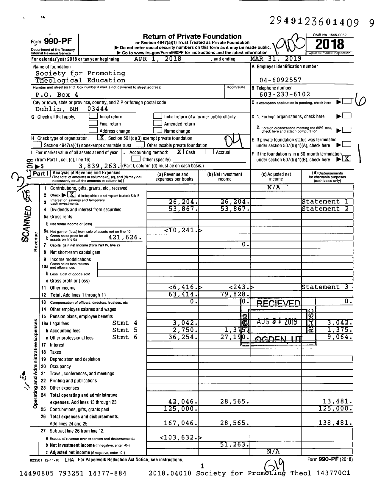 Image of first page of 2018 Form 990PF for Society for Promoting Theological Education