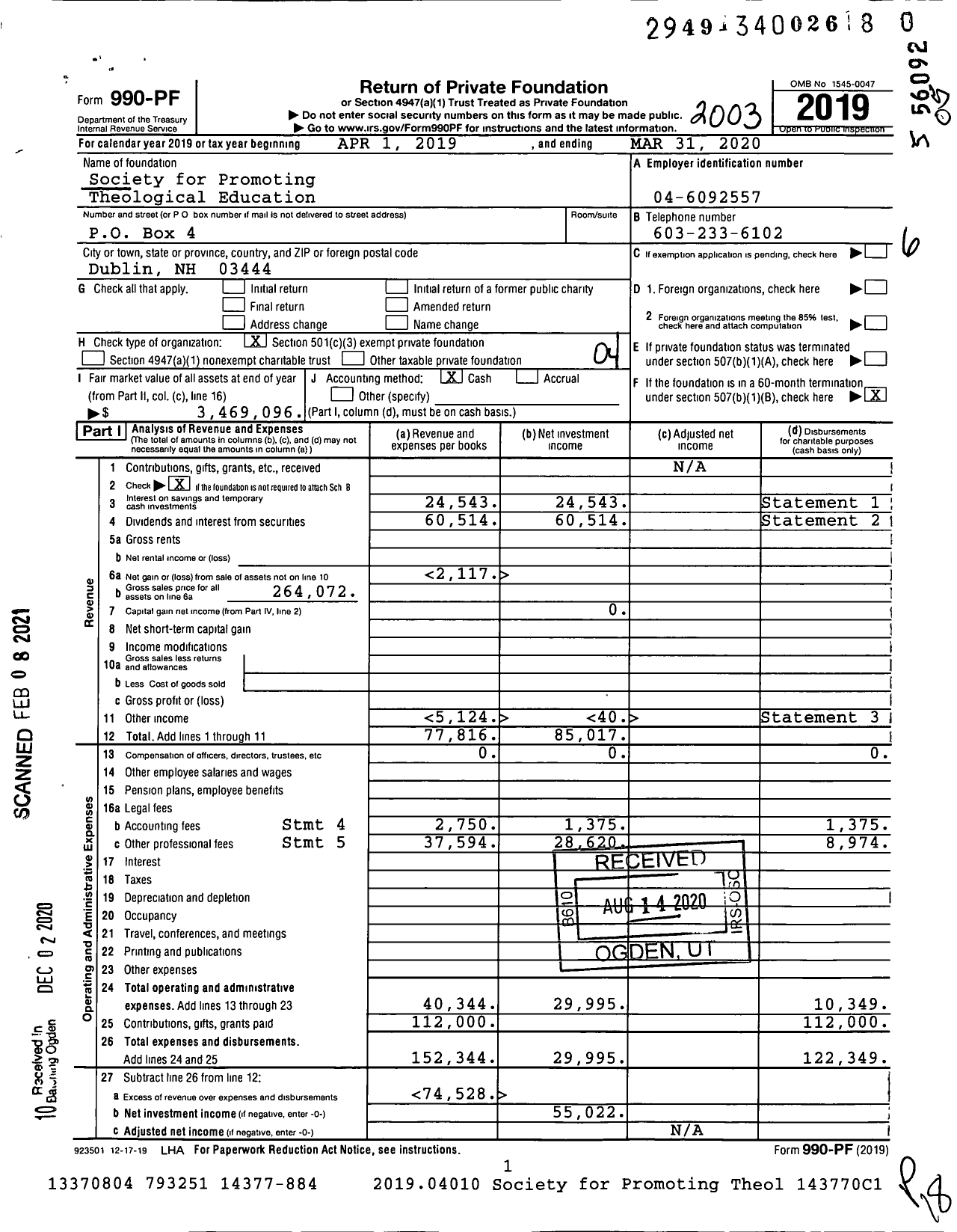 Image of first page of 2019 Form 990PF for Society for Promoting Theological Education