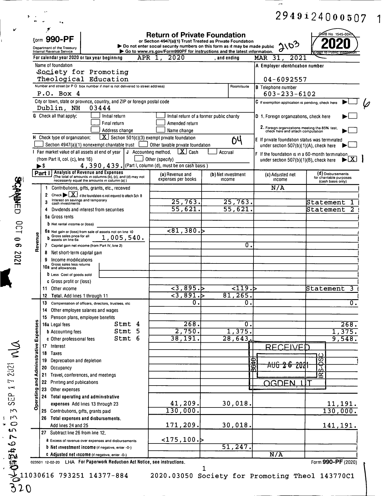 Image of first page of 2020 Form 990PF for Society for Promoting Theological Education