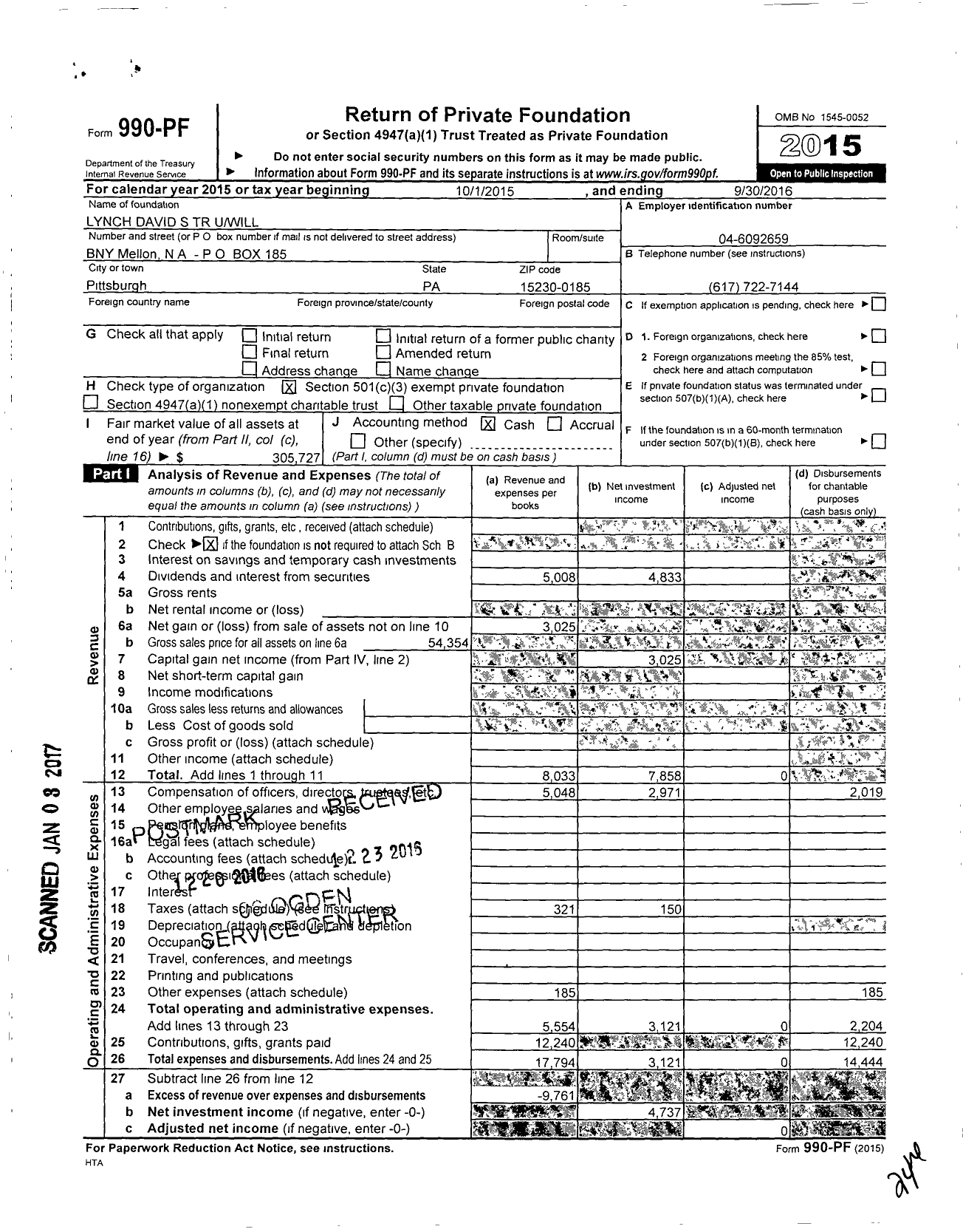 Image of first page of 2015 Form 990PF for Lynch David S TR Uwill