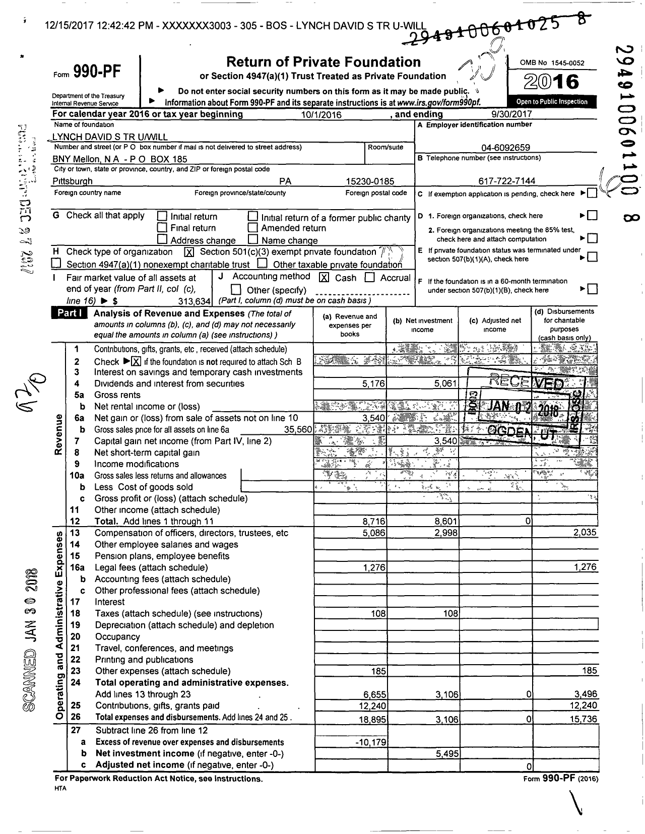 Image of first page of 2016 Form 990PF for Lynch David S TR Uwill