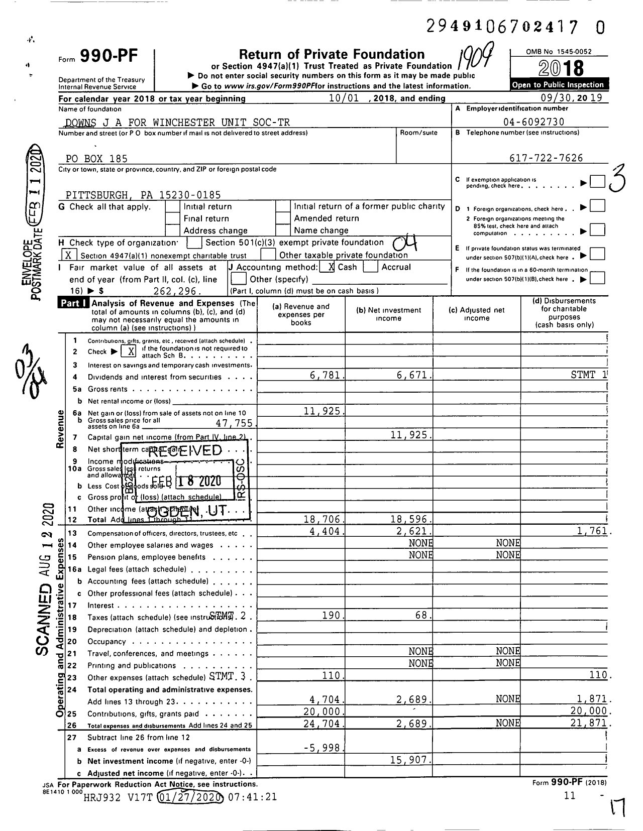 Image of first page of 2018 Form 990PR for Downs J A for Winchester Unit Soc-Tr