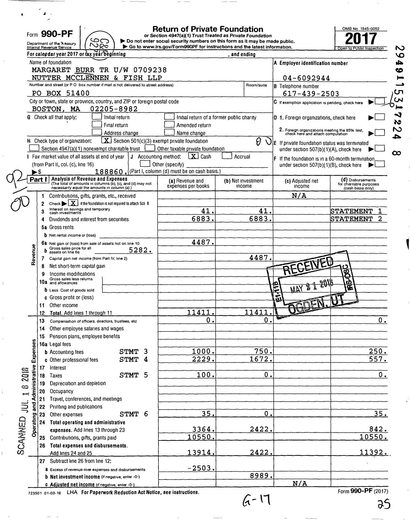 Image of first page of 2017 Form 990PF for Margaret Burr TR Uw 0709238 Nutter Mcclennen and Fish LLP