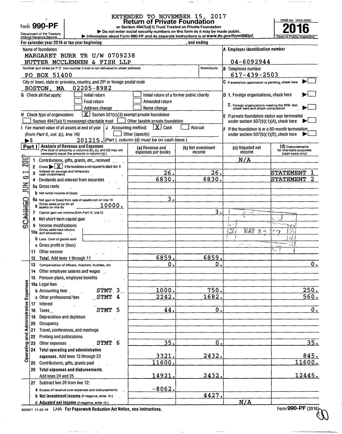 Image of first page of 2016 Form 990PF for Margaret Burr TR Uw 0709238 Nutter Mcclennen and Fish LLP