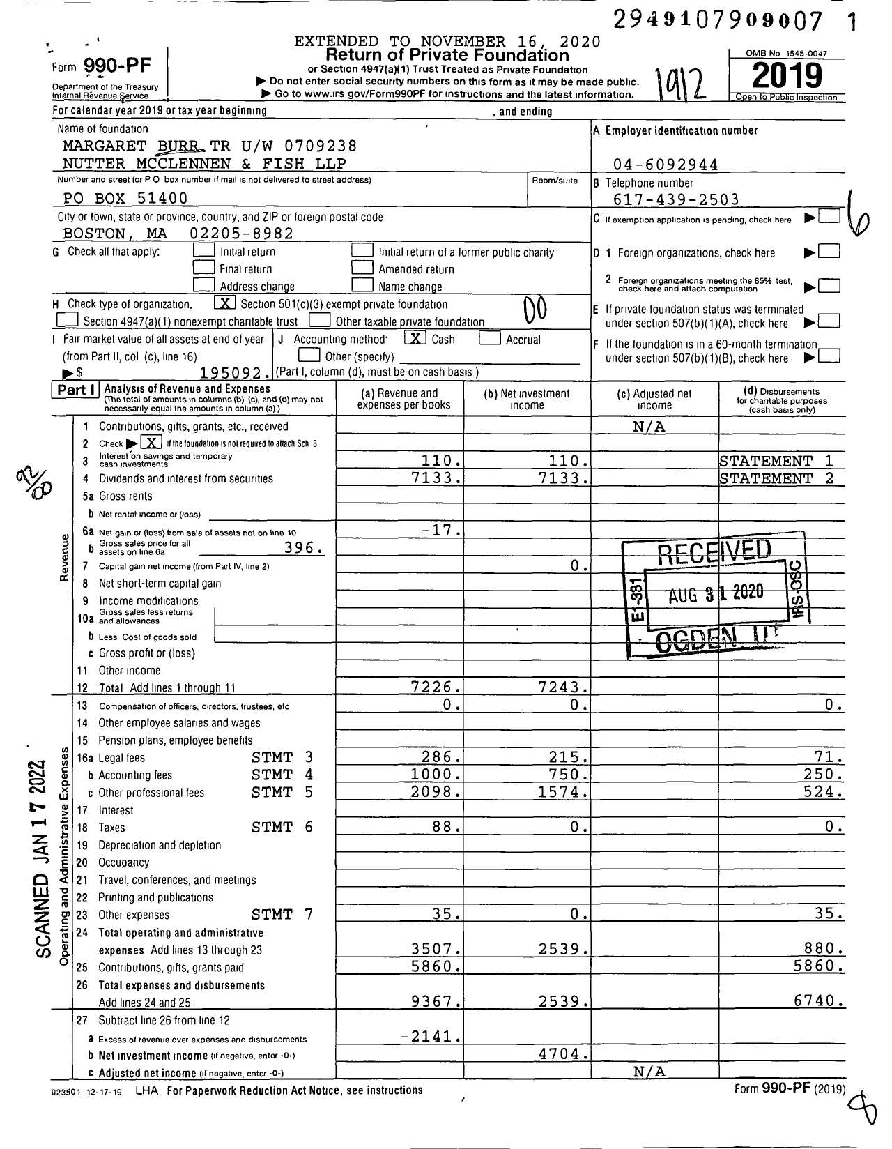 Image of first page of 2019 Form 990PF for Margaret Burr TR Uw 0709238 Nutter Mcclennen and Fish LLP