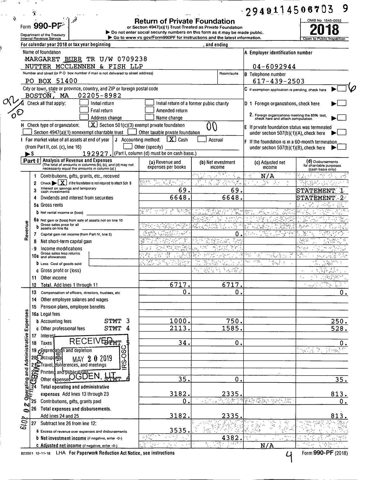 Image of first page of 2018 Form 990PF for Margaret Burr TR Uw 0709238 Nutter Mcclennen and Fish LLP