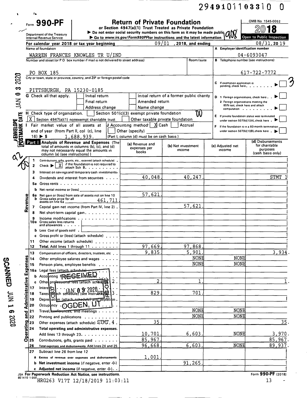 Image of first page of 2018 Form 990PR for Warren Frances Knowles TR Uind