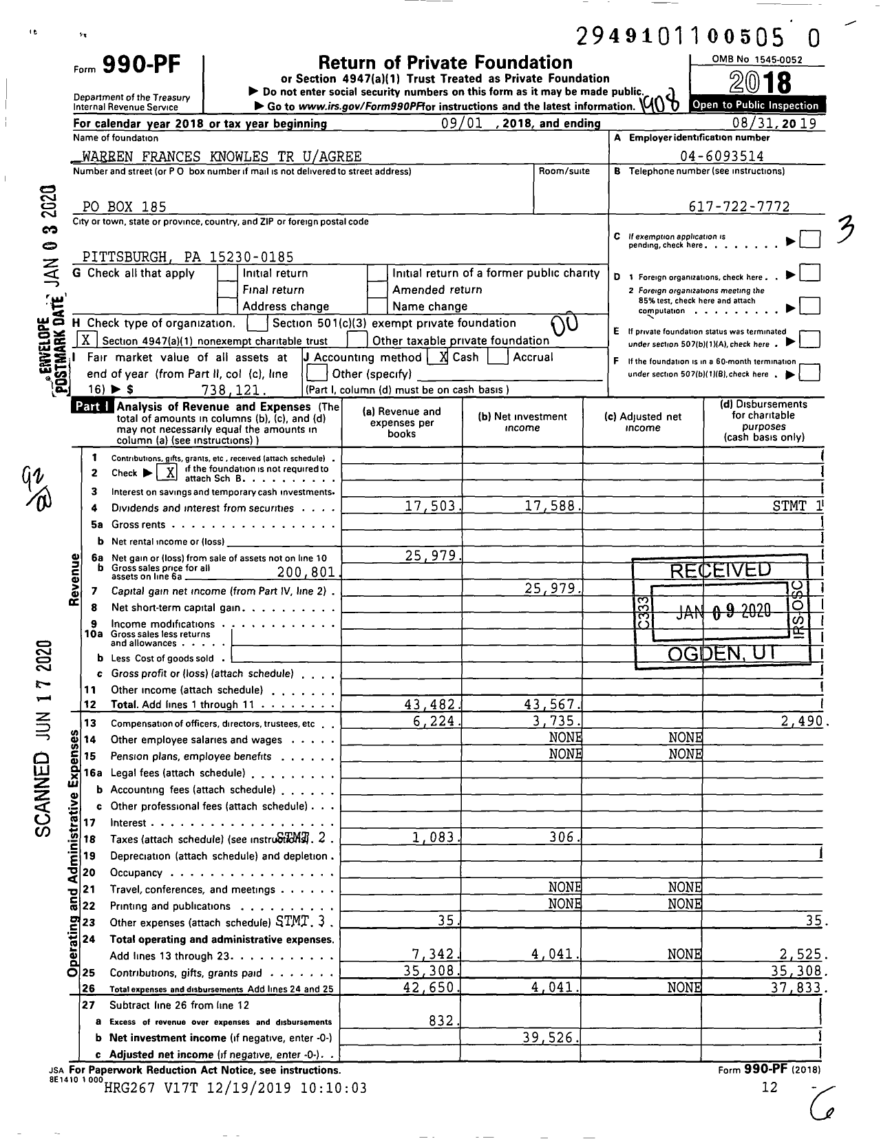 Image of first page of 2018 Form 990PR for Warren Frances Knowles TR Uagree