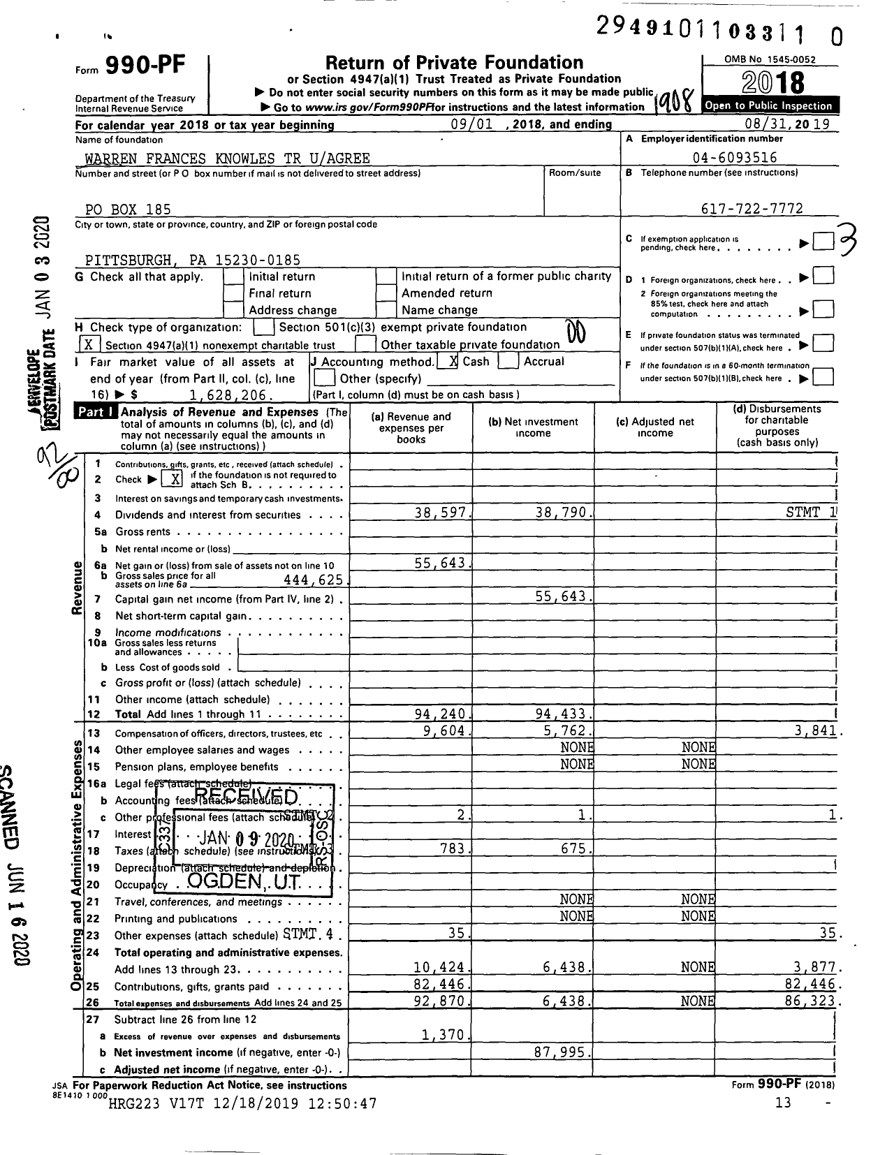 Image of first page of 2018 Form 990PR for Warren Frances Knowles TR Uagree