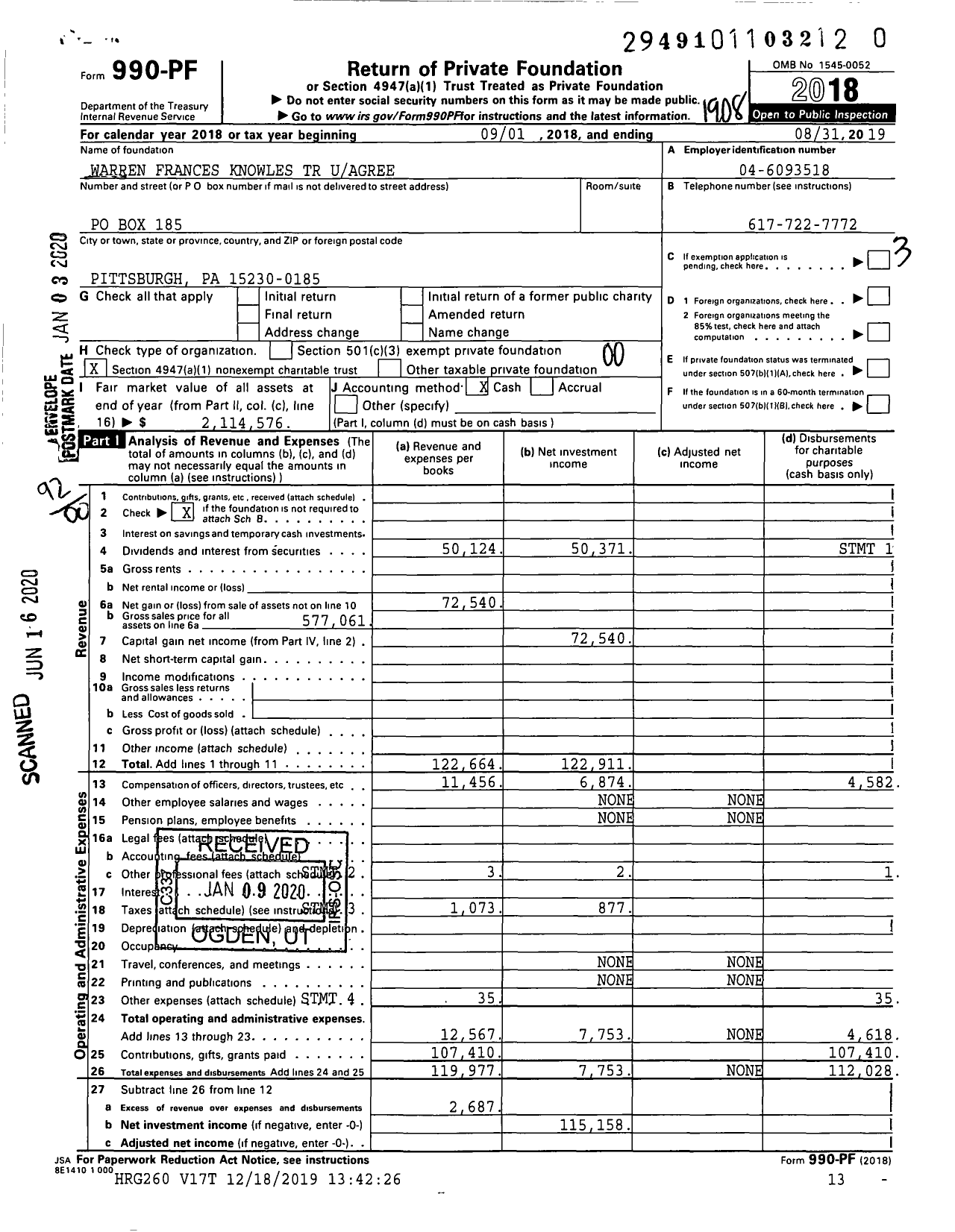 Image of first page of 2018 Form 990PR for Warren Frances Knowles TR Uagree