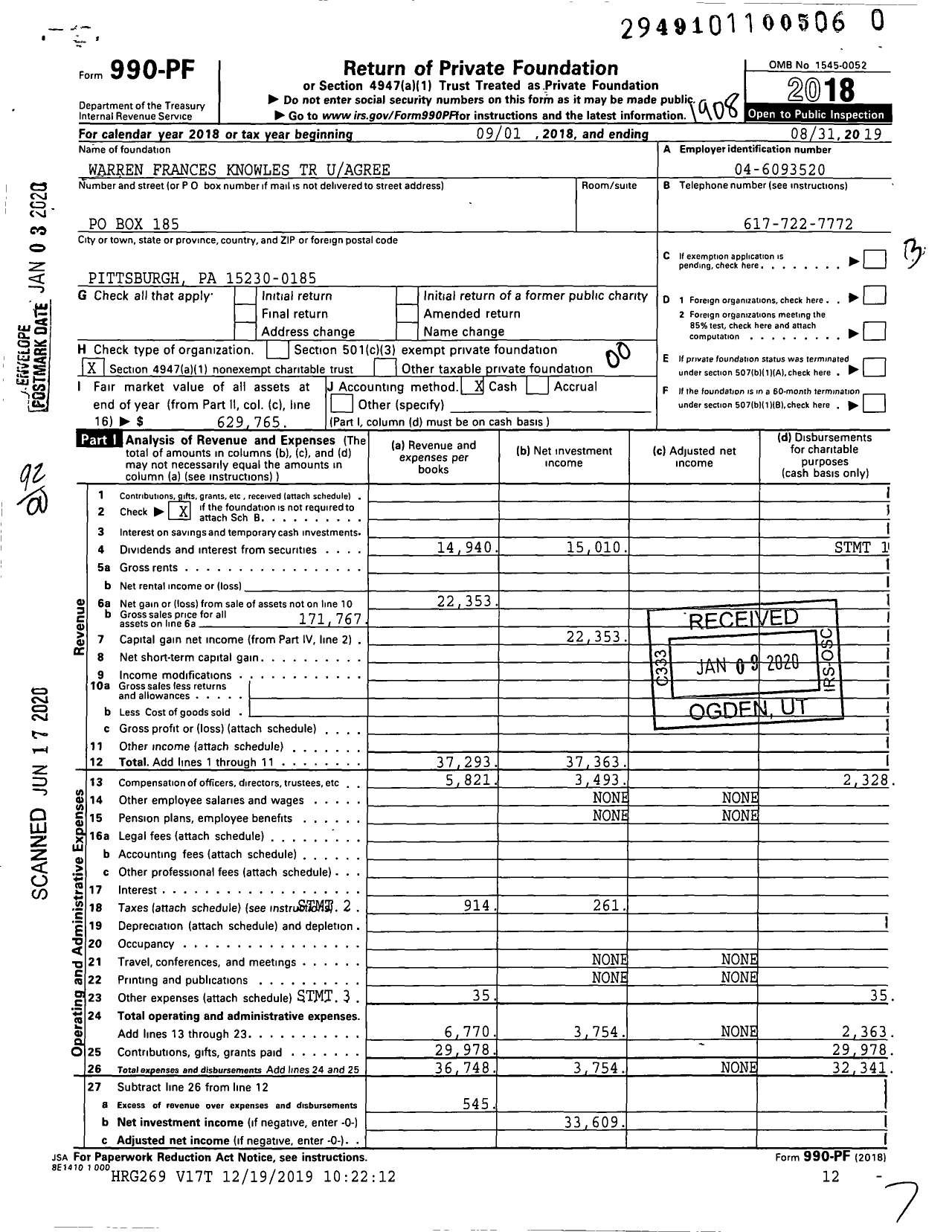 Image of first page of 2018 Form 990PR for Warren Frances Knowles TR Uagree