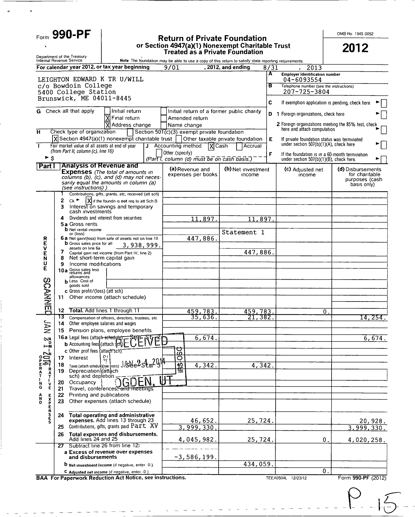 Image of first page of 2012 Form 990PF for Leighton Edward K TR Uwill