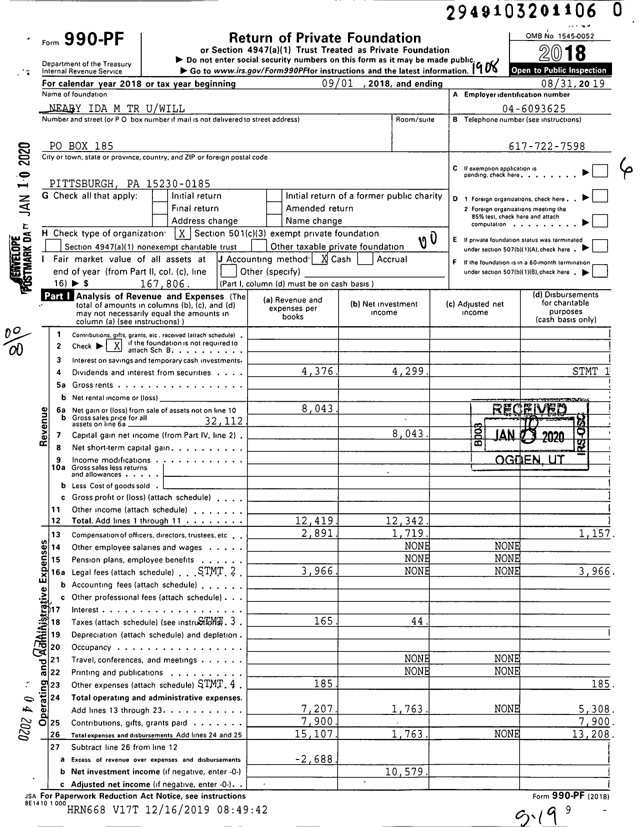 Image of first page of 2018 Form 990PR for Neary Ida M TR Uwill