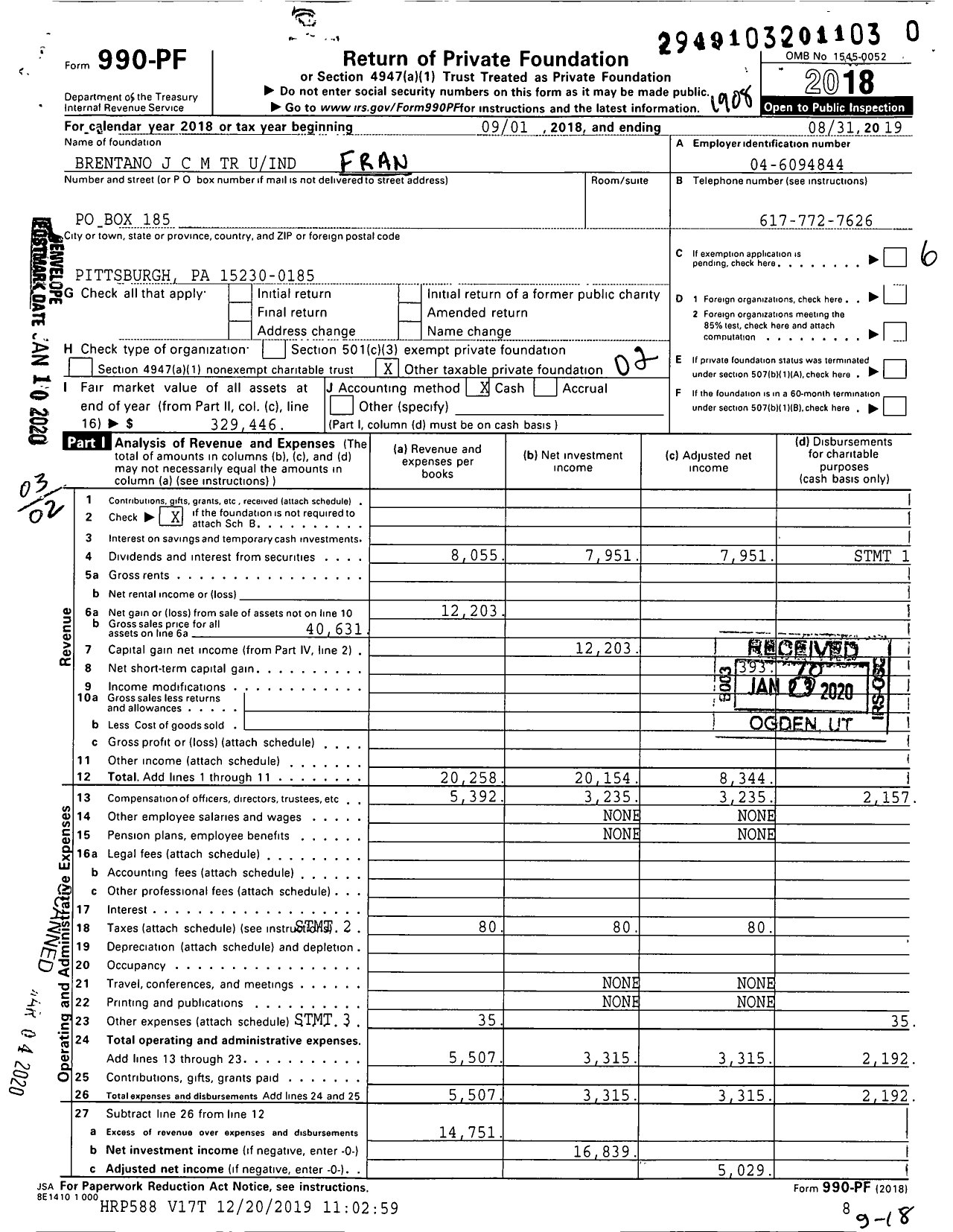 Image of first page of 2018 Form 990PR for Brentano J C M TR Uind