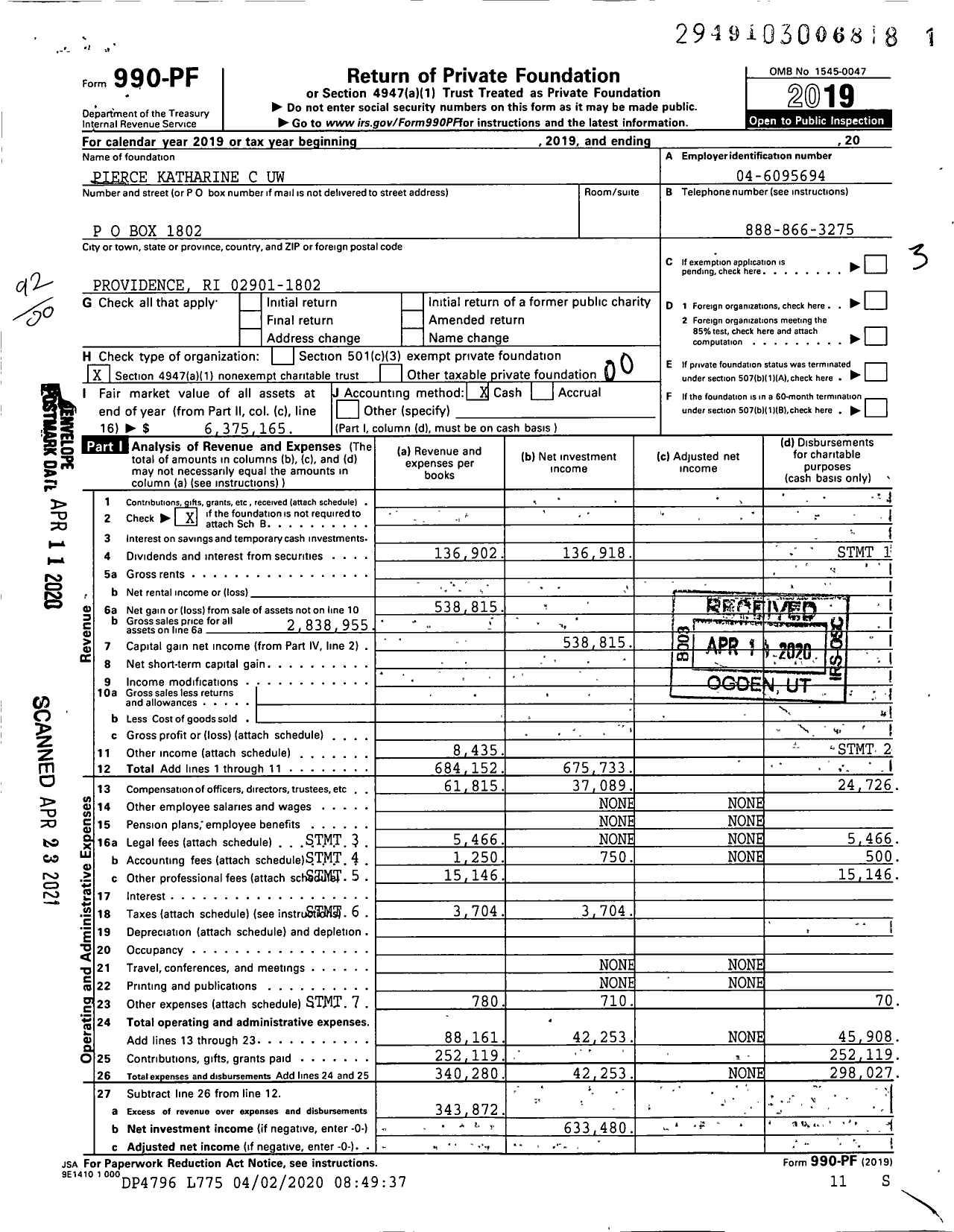 Image of first page of 2019 Form 990PF for Pierce Katharine C Uw