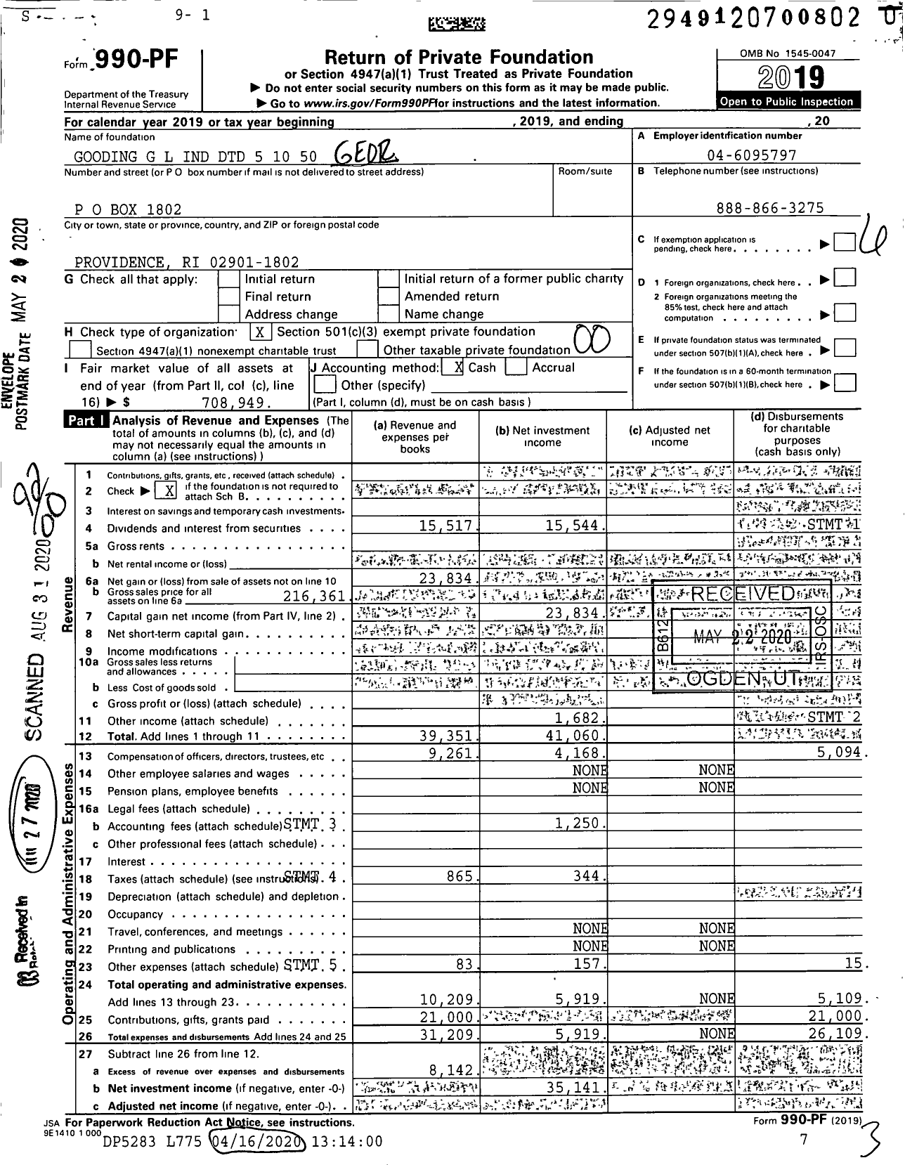 Image of first page of 2019 Form 990PR for Gooding G L Ind DTD 5 10 50