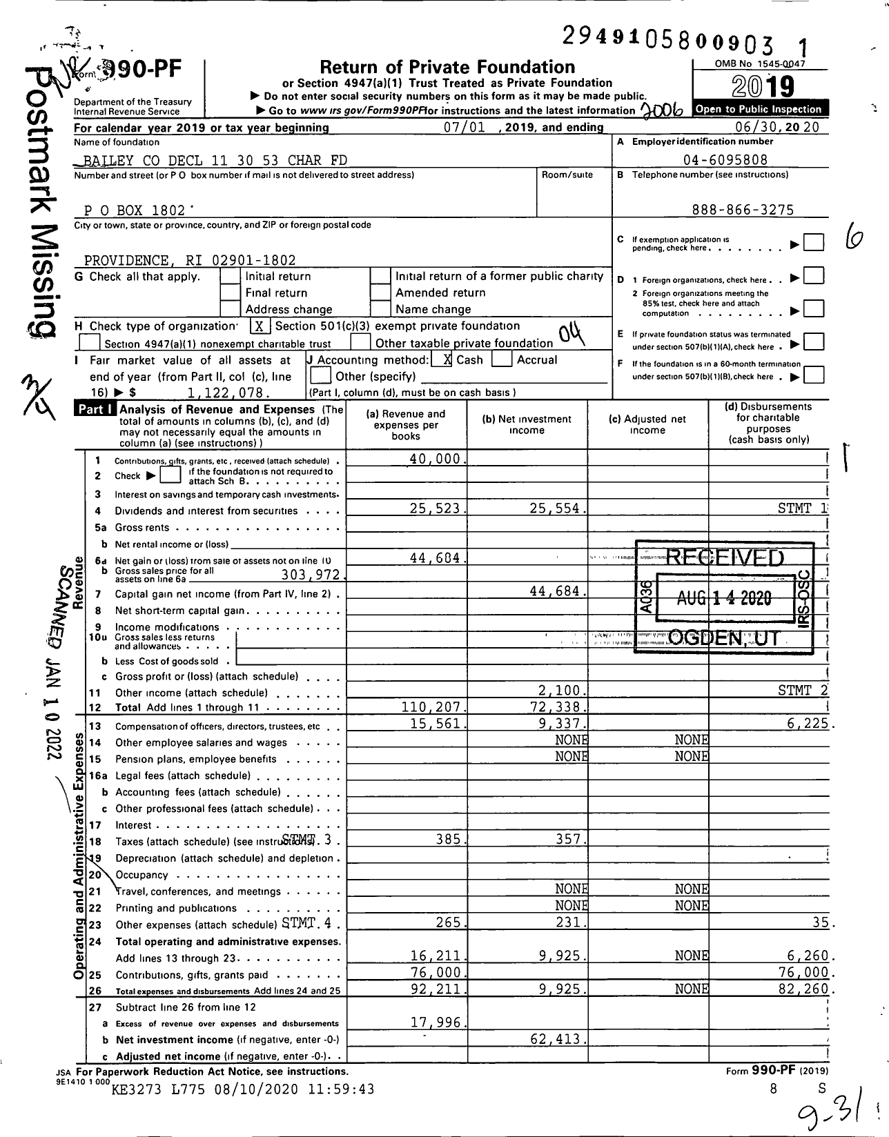 Image of first page of 2019 Form 990PF for Bailey Decl 11 30 53 Char Fund