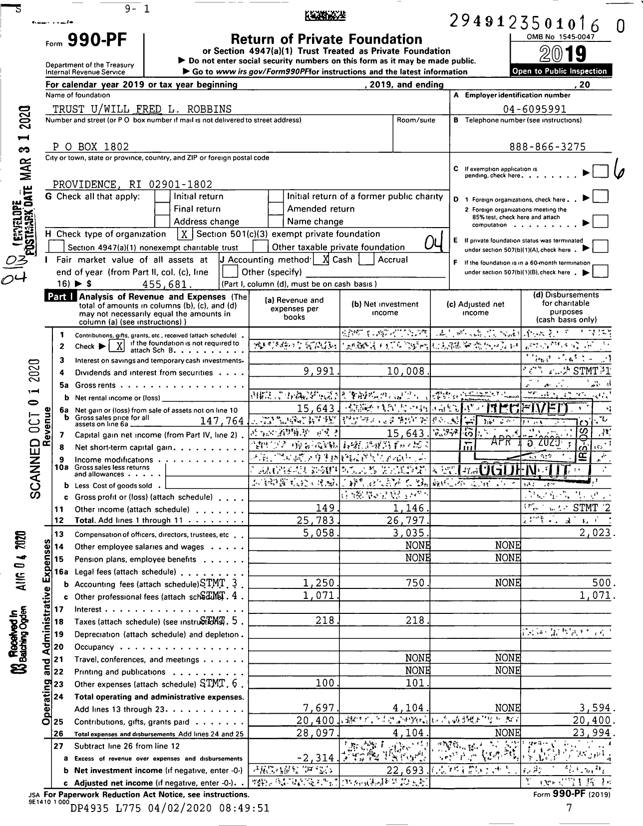 Image of first page of 2019 Form 990PR for Trust Uwill Fred L Robbins