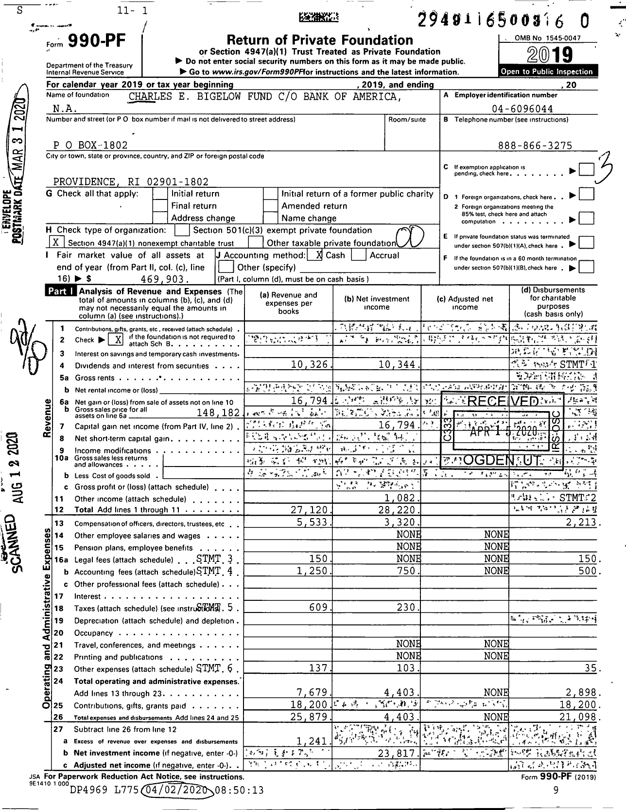 Image of first page of 2019 Form 990PR for Charles E Bigelow Fund Bank of America