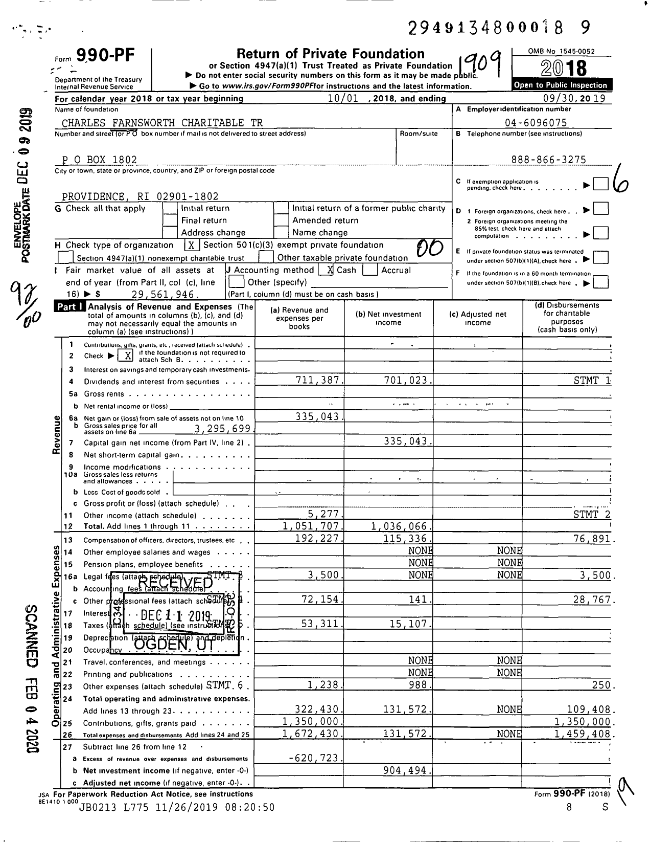 Image of first page of 2018 Form 990PF for Charles Farnsworth Charitable Trust