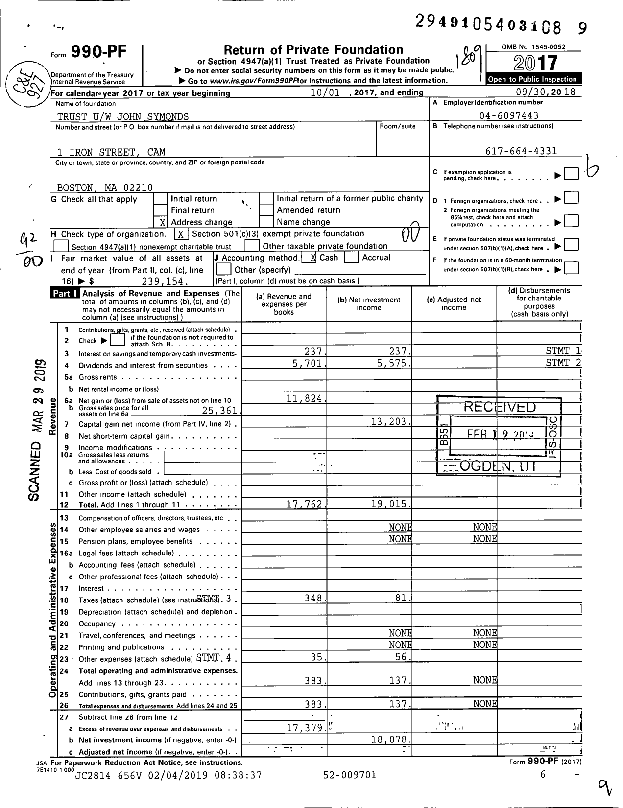 Image of first page of 2017 Form 990PF for Trust Uw John Symonds