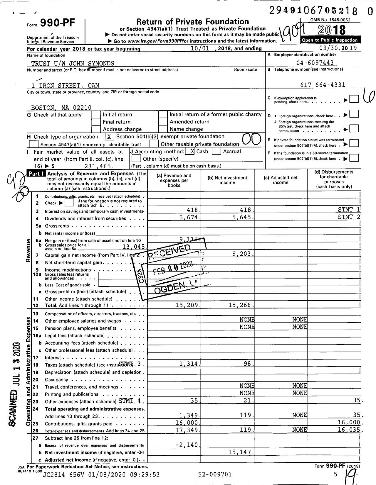 Image of first page of 2018 Form 990PR for Trust Uw John Symonds