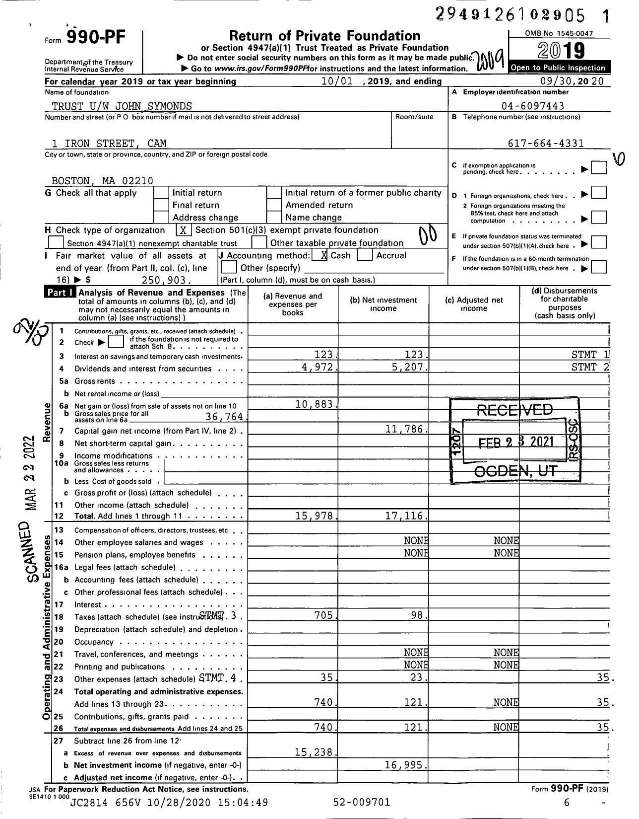 Image of first page of 2019 Form 990PF for Trust Uw John Symonds