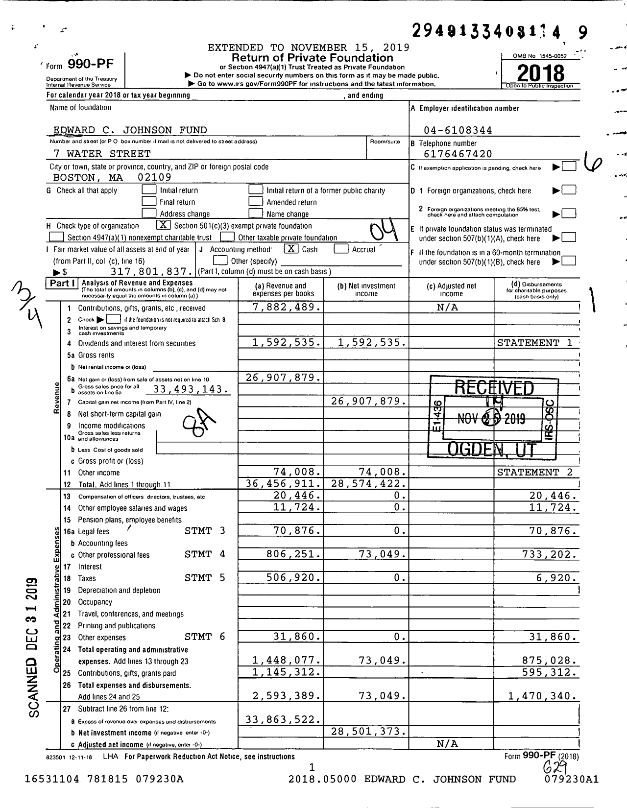 Image of first page of 2018 Form 990PF for Edward C. Johnson Fund