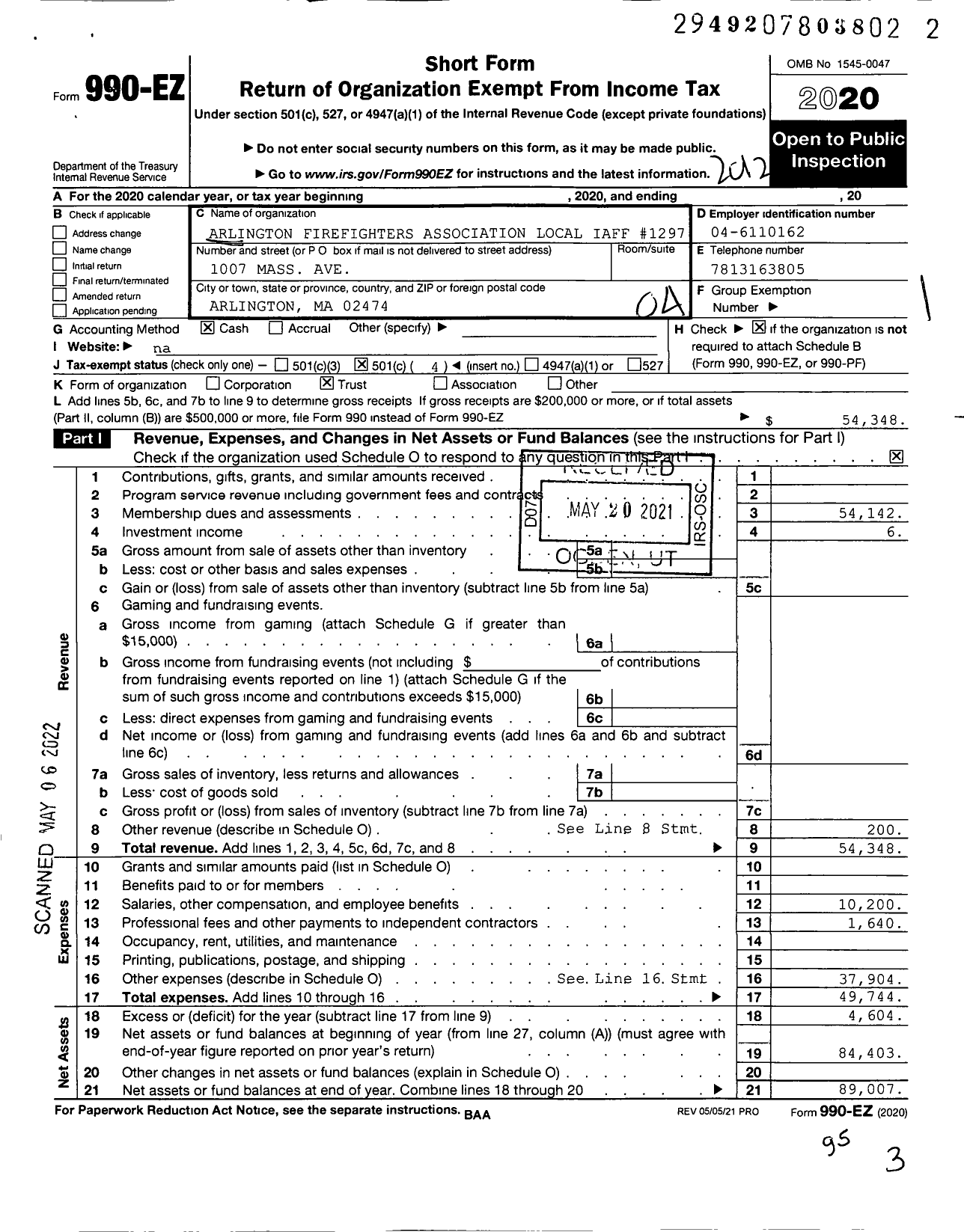 Image of first page of 2020 Form 990EO for International Association of Fire Fighters - L1297 Arlington