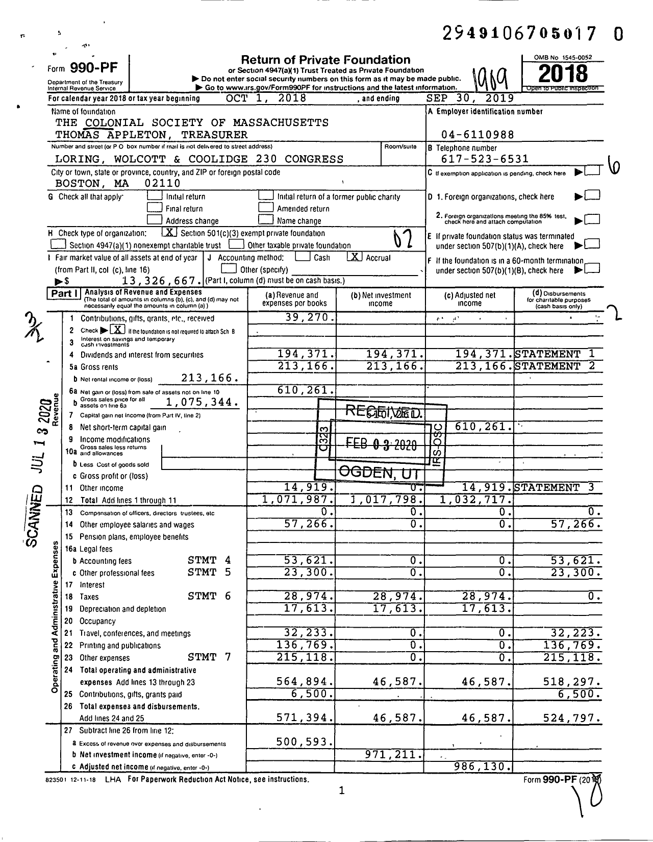 Image of first page of 2018 Form 990PR for The Colonial Society of Massachusetts Amory L Loring Treasurer