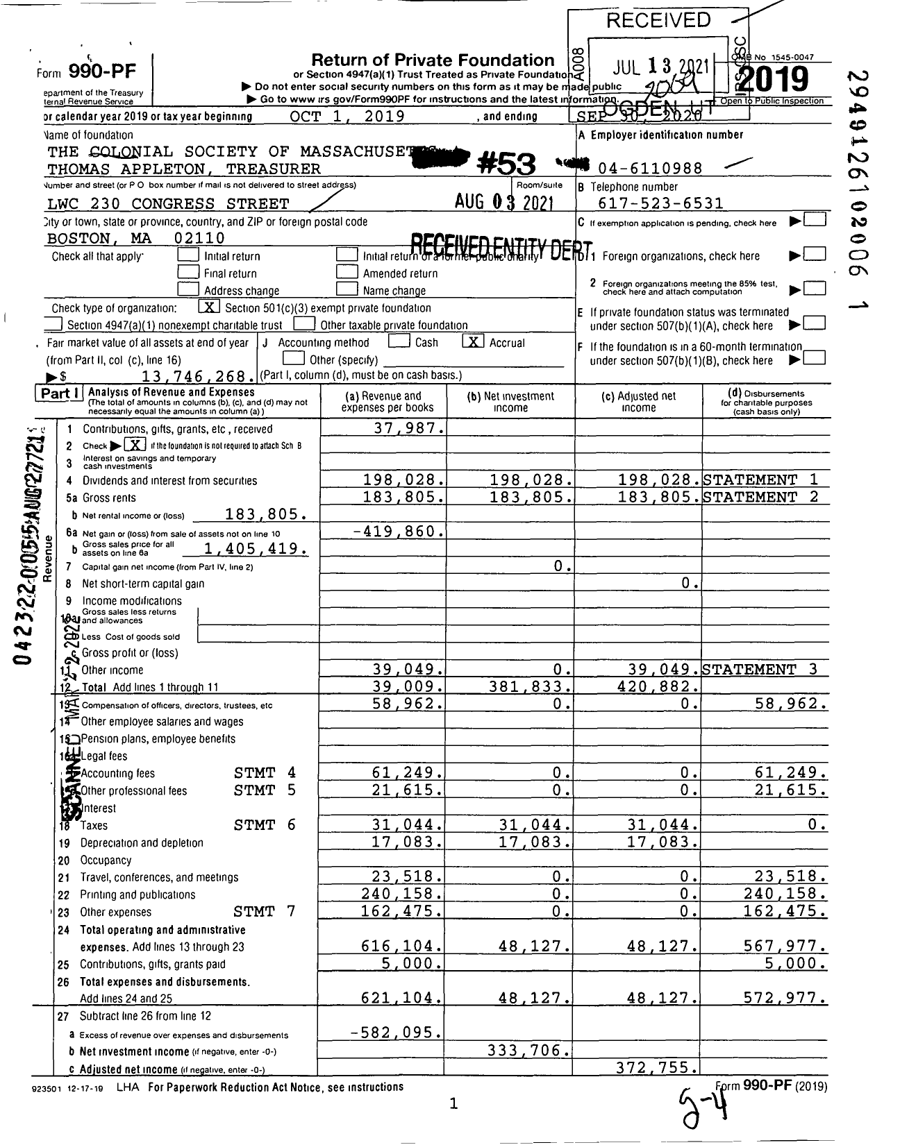 Image of first page of 2019 Form 990PF for The Colonial Society of Massachusetts Amory L Loring Treasurer