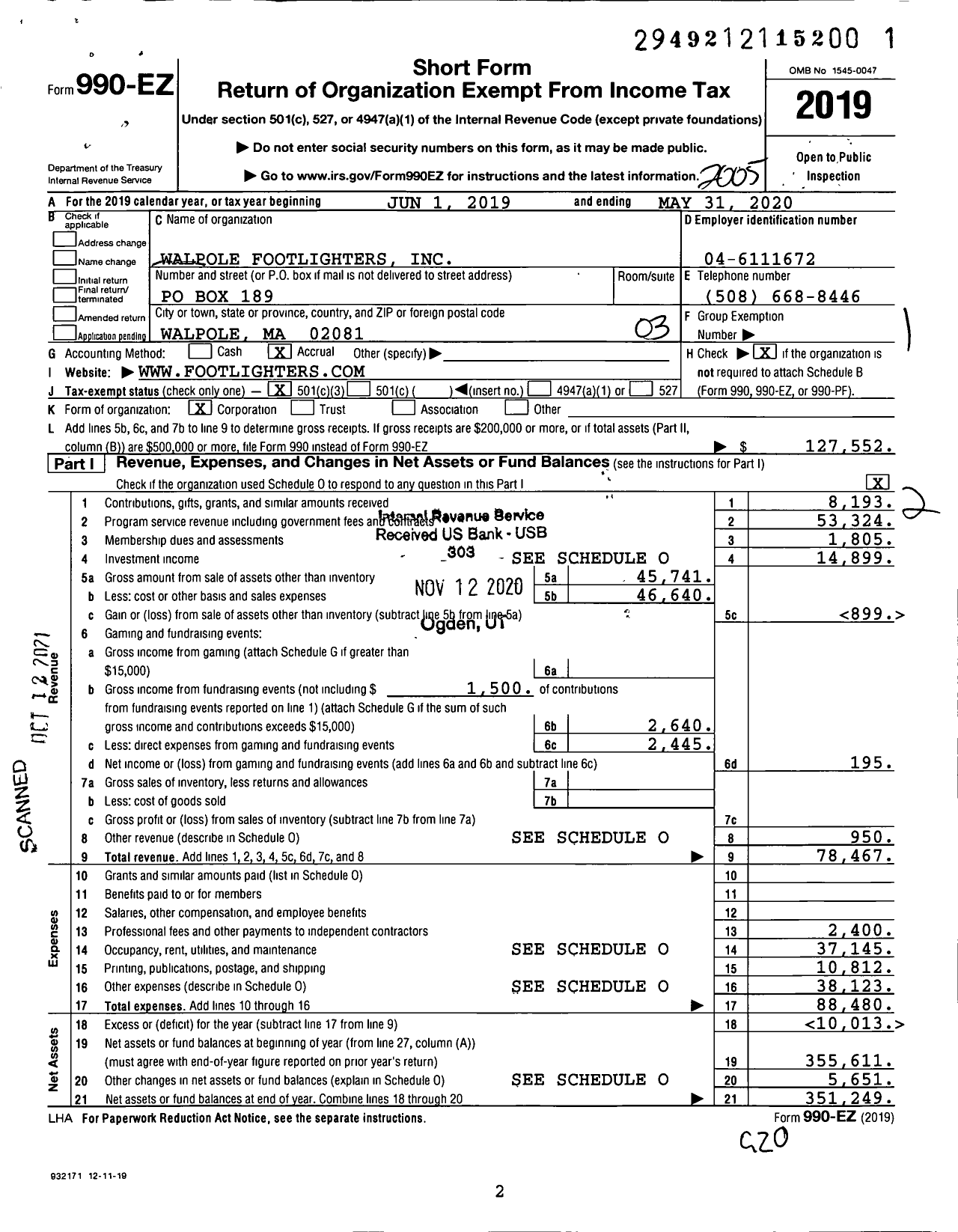 Image of first page of 2019 Form 990EZ for Walpole Footlighters