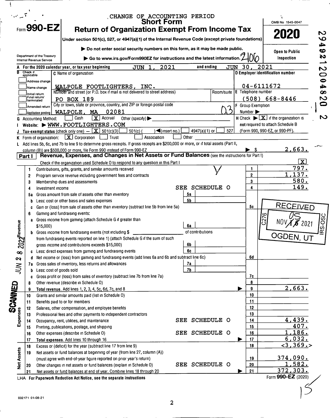 Image of first page of 2020 Form 990EZ for Walpole Footlighters